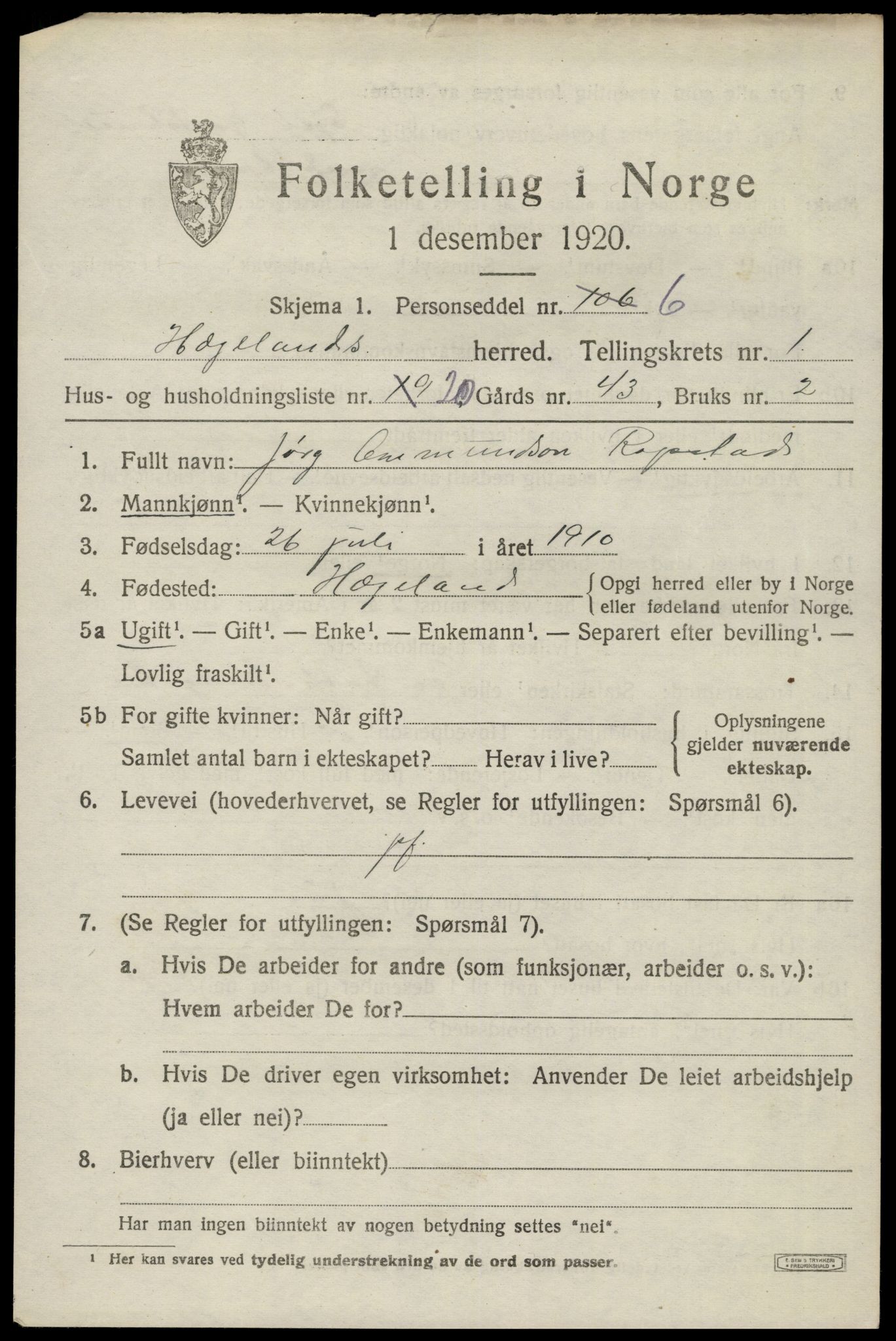 SAK, 1920 census for Hægeland, 1920, p. 607