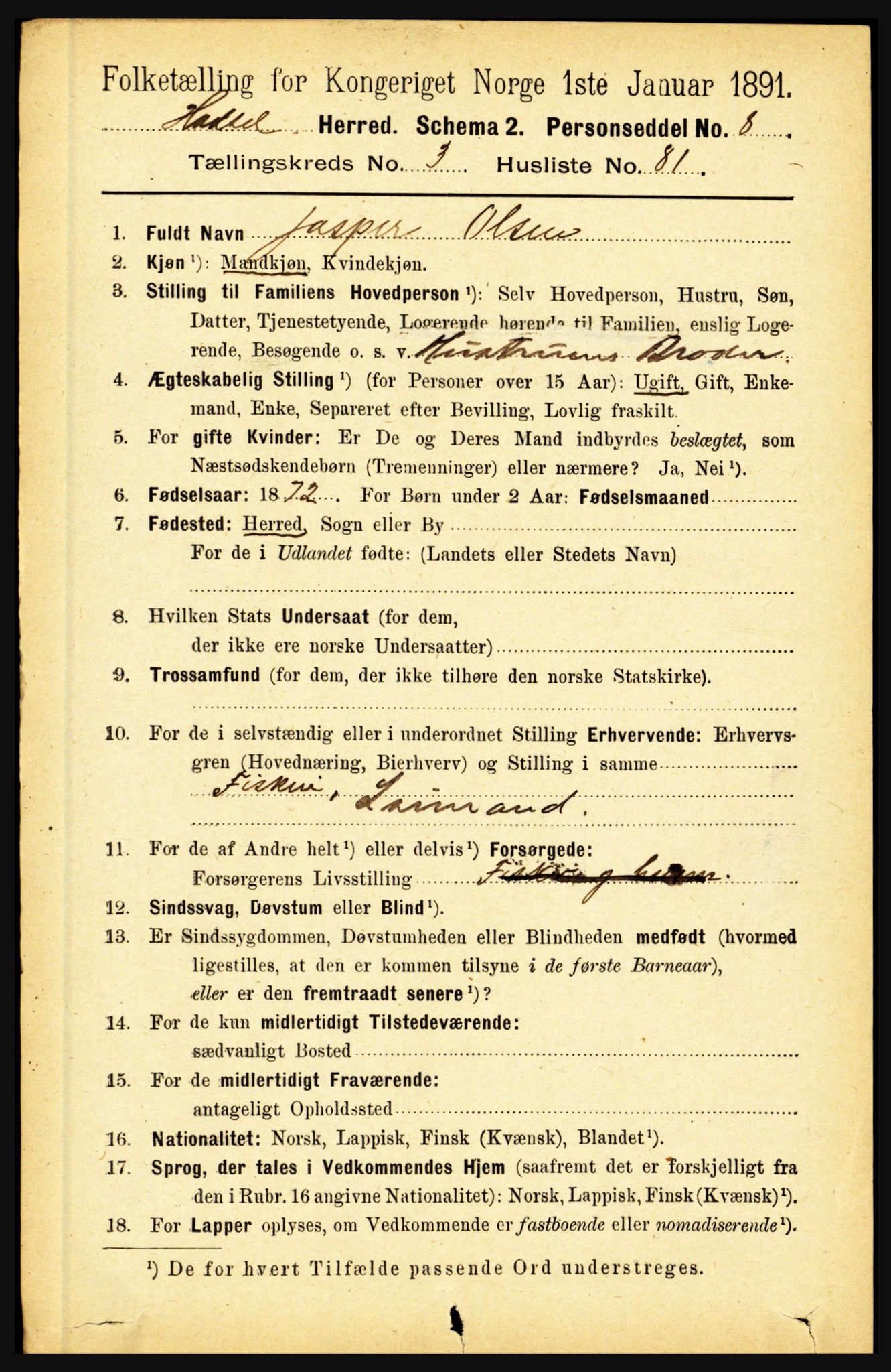 RA, 1891 census for 1866 Hadsel, 1891, p. 1651