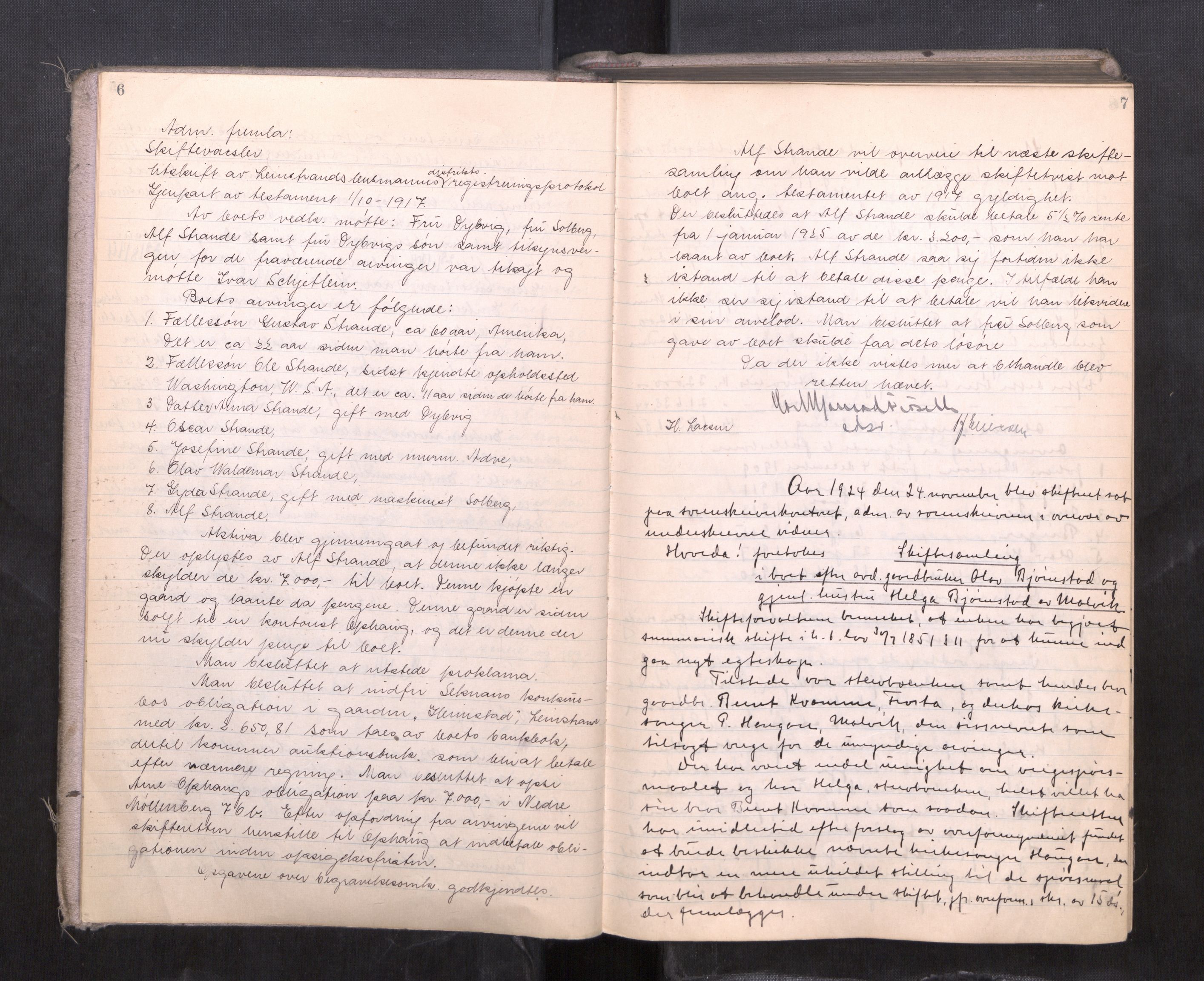 Strinda og Selbu sorenskriveri, AV/SAT-A-0015/3/3B/L0015: Skifteforhandlingsprot. 15, 1924-1927, p. 6-7