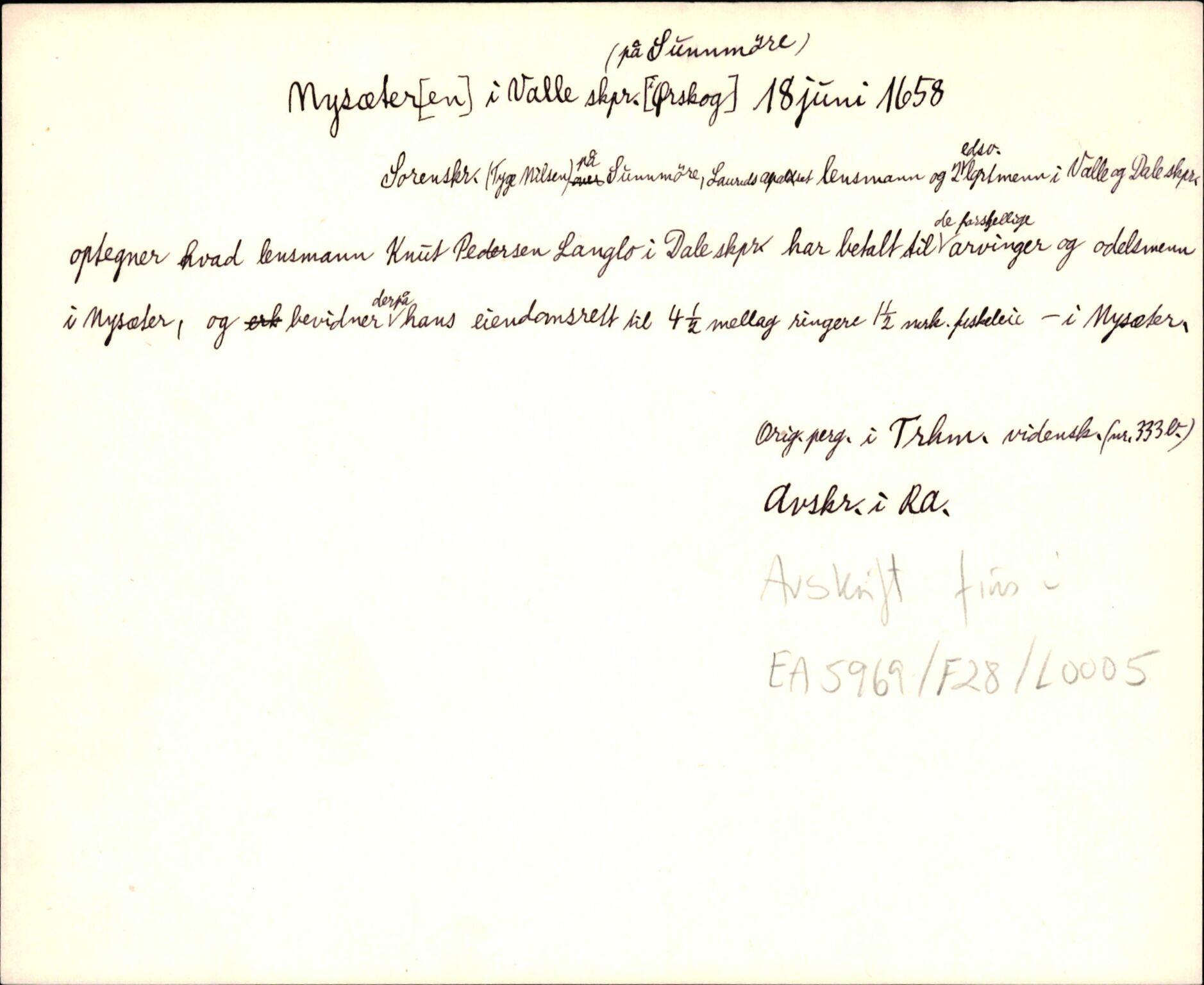 Riksarkivets diplomsamling, AV/RA-EA-5965/F35/F35d/L0004: Innlånte diplomer, seddelregister, 1643-1660, p. 515