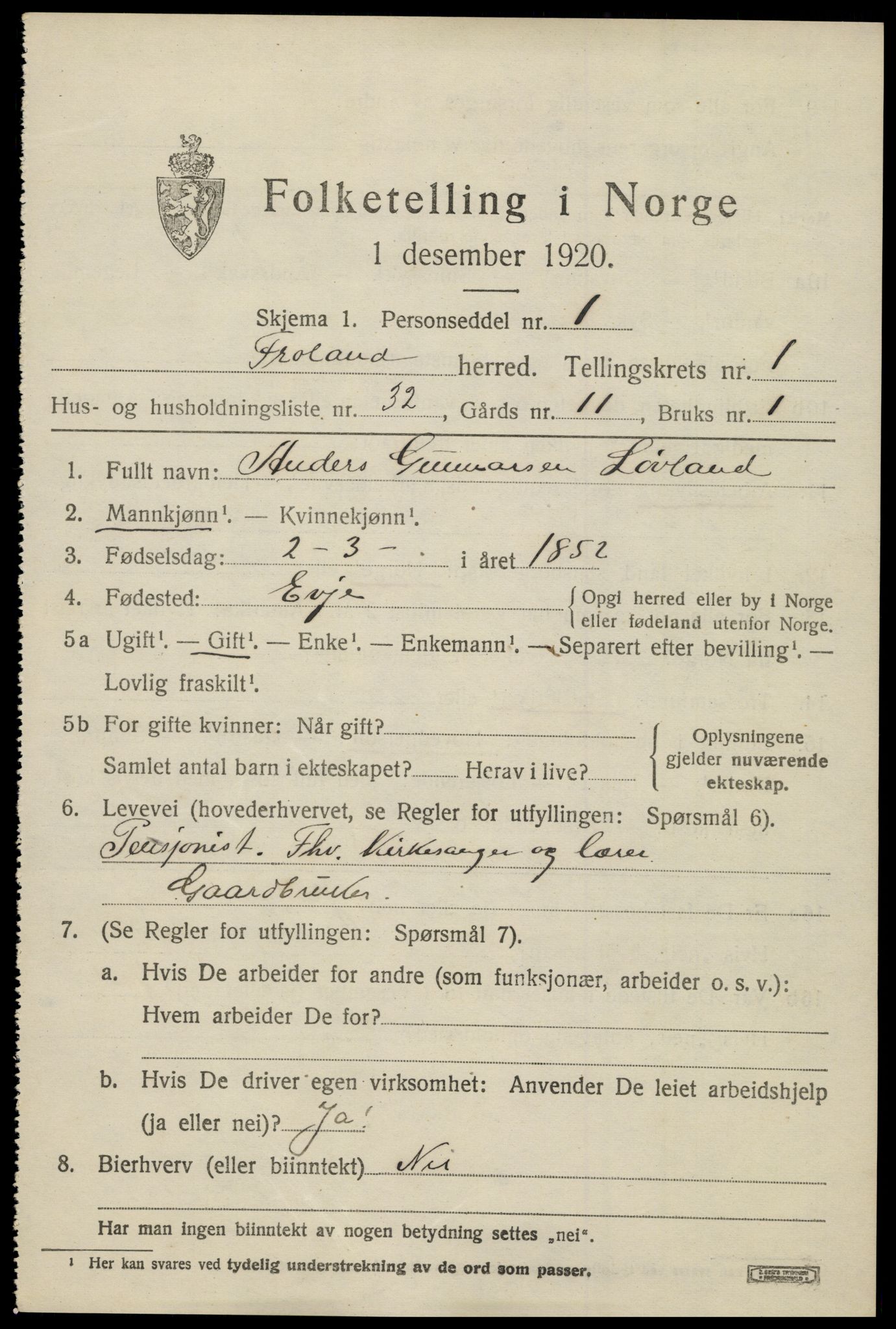 SAK, 1920 census for Froland, 1920, p. 1353