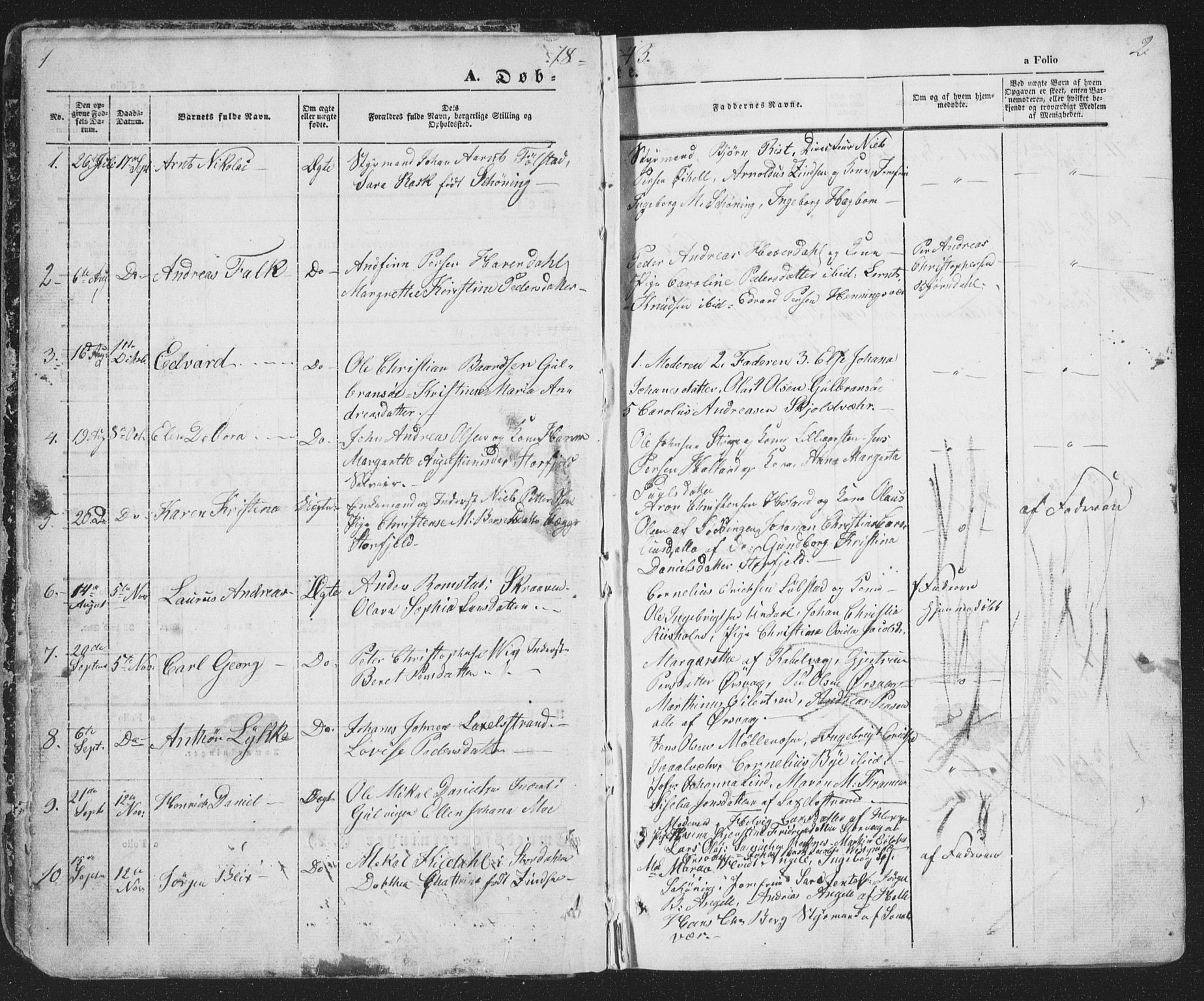 Ministerialprotokoller, klokkerbøker og fødselsregistre - Nordland, AV/SAT-A-1459/874/L1072: Parish register (copy) no. 874C01, 1843-1859, p. 1-2