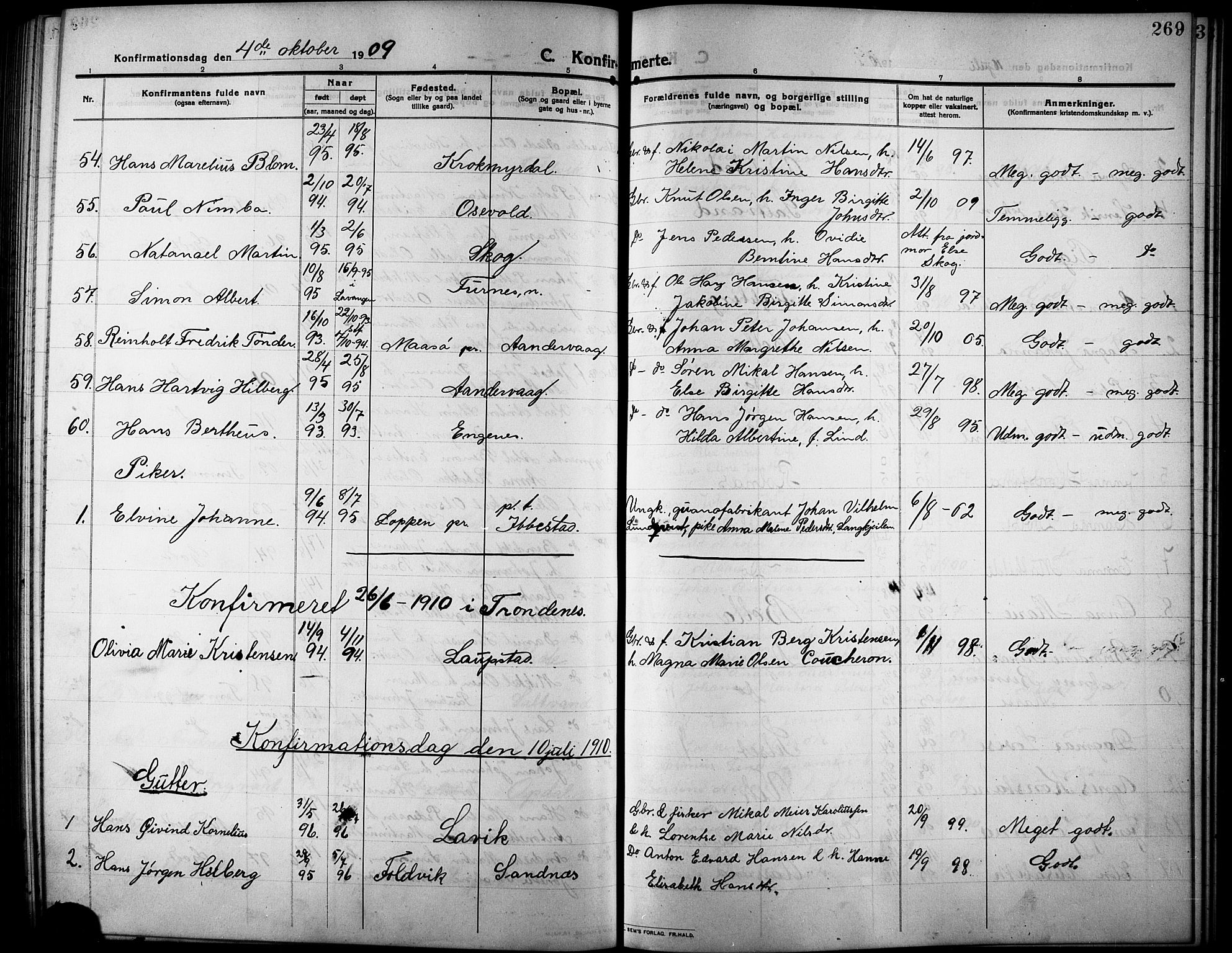 Ibestad sokneprestembete, SATØ/S-0077/H/Ha/Hab/L0009klokker: Parish register (copy) no. 9, 1902-1914, p. 269