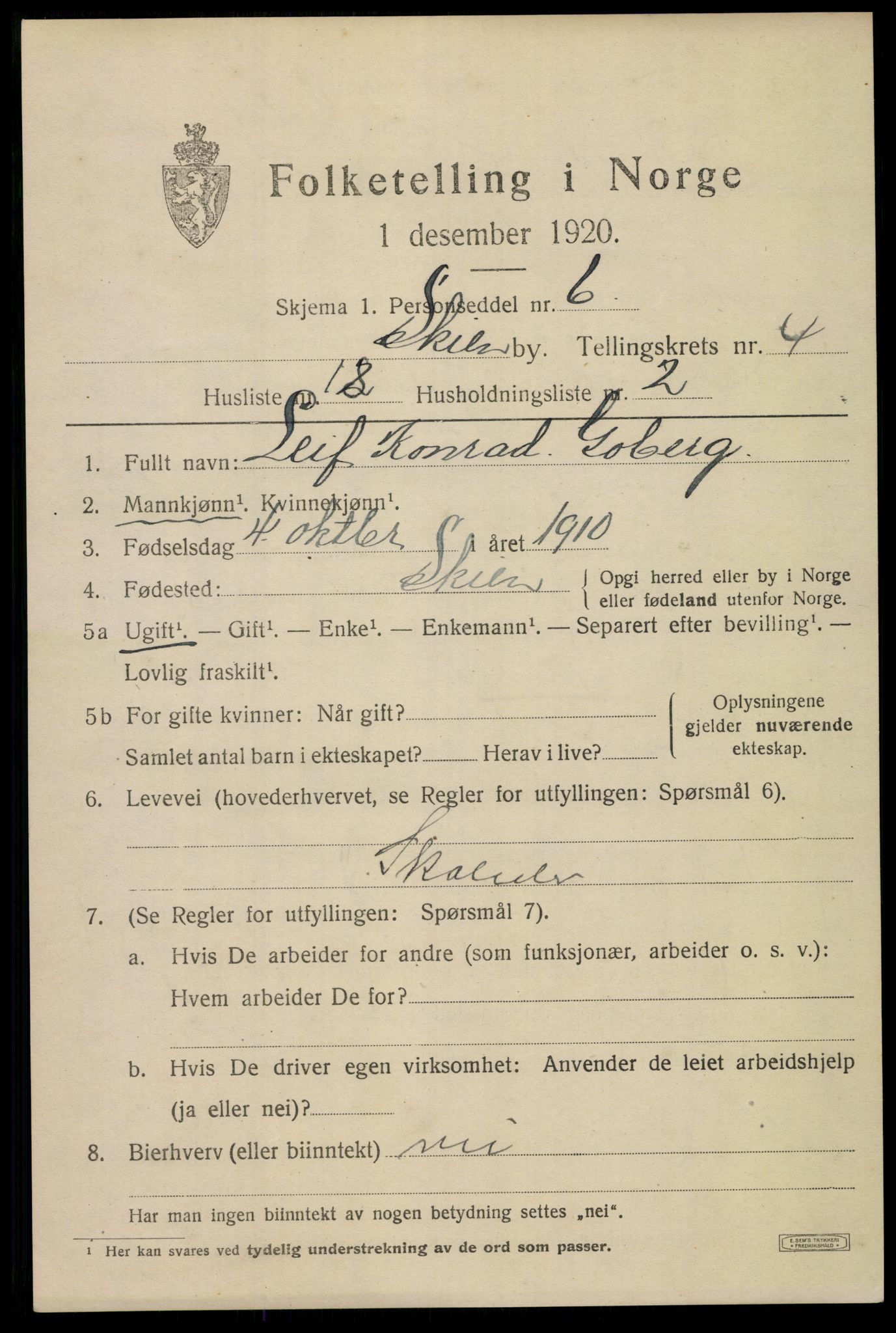 SAKO, 1920 census for Skien, 1920, p. 16936