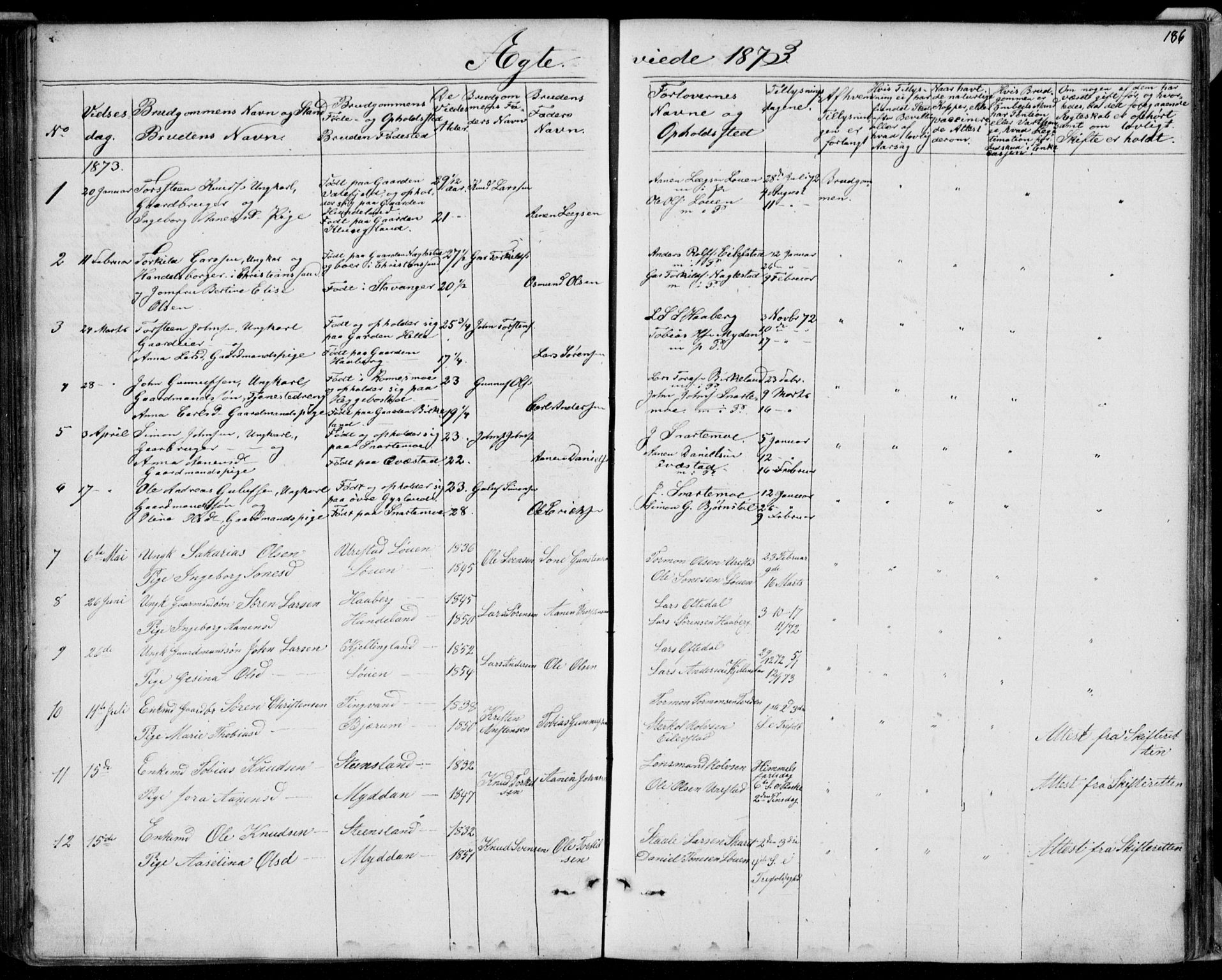 Hægebostad sokneprestkontor, SAK/1111-0024/F/Fb/Fba/L0002: Parish register (copy) no. B 2, 1851-1882, p. 186