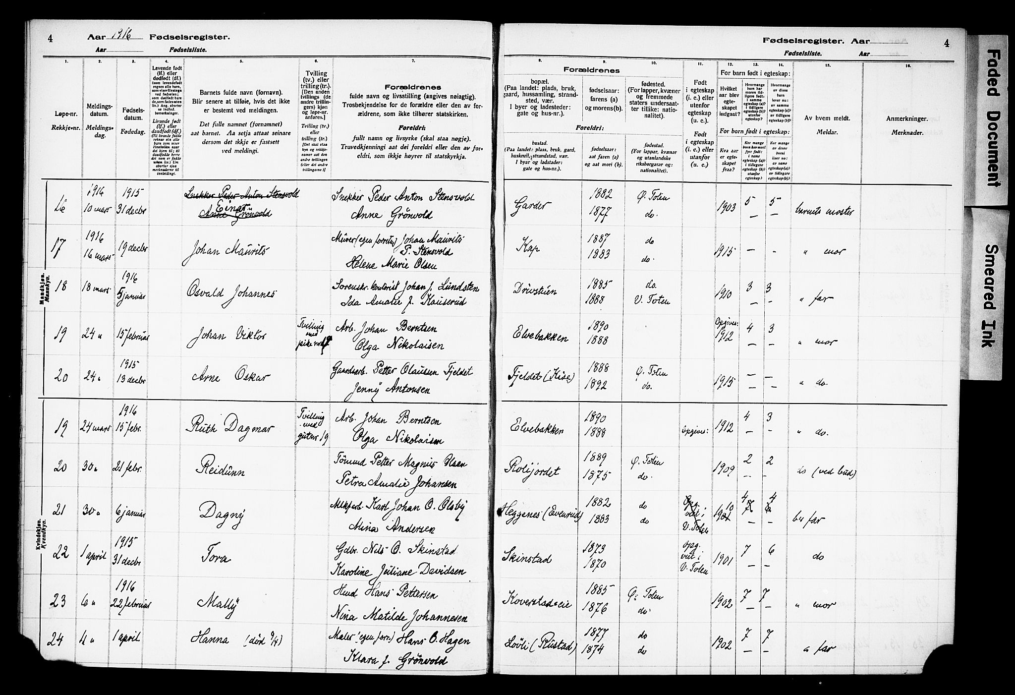 Østre Toten prestekontor, AV/SAH-PREST-104/I/Id/L0001/0001: Birth register no. 1.1, 1916-1928, p. 4