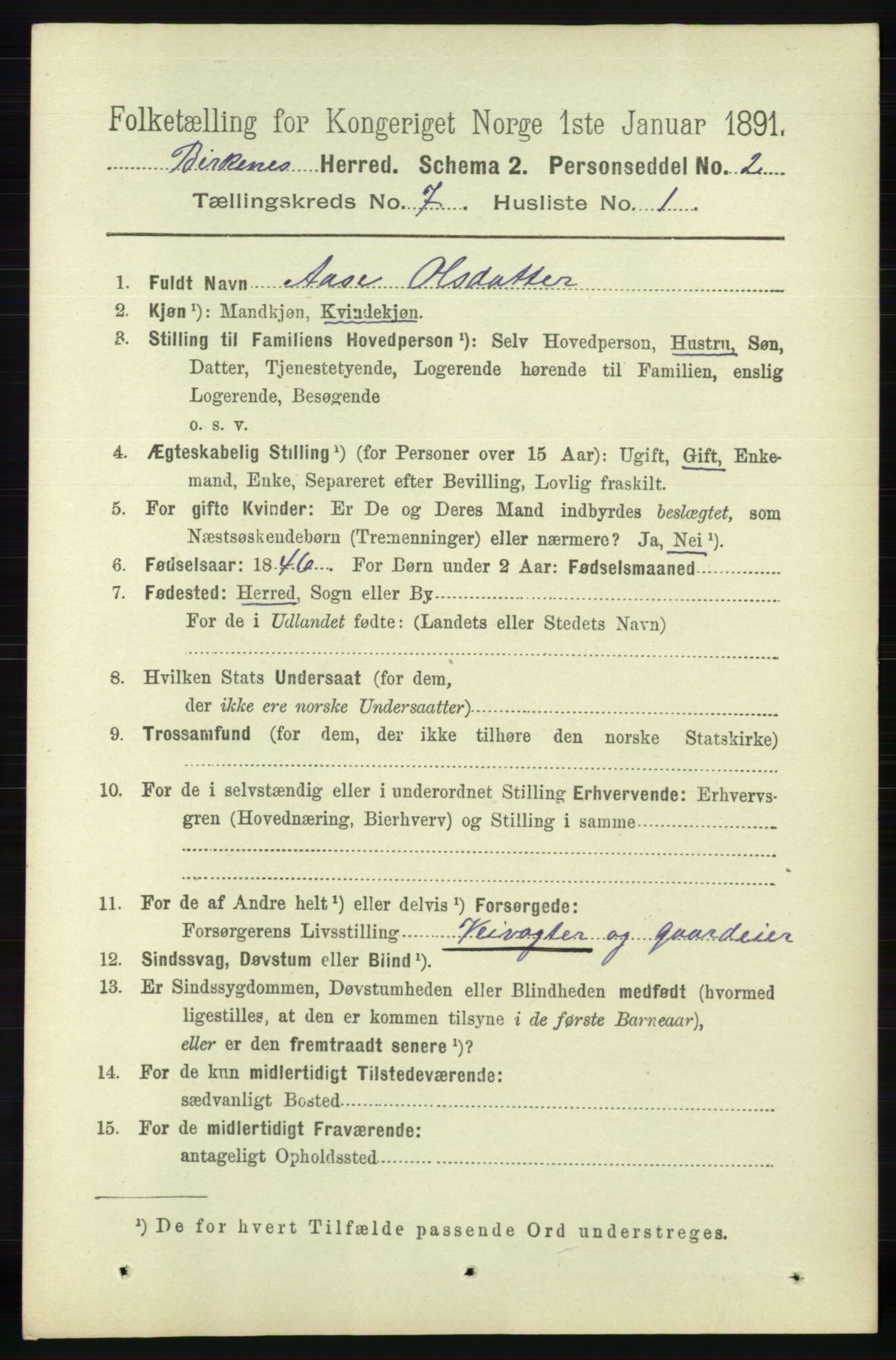 RA, 1891 Census for 0928 Birkenes, 1891, p. 1985