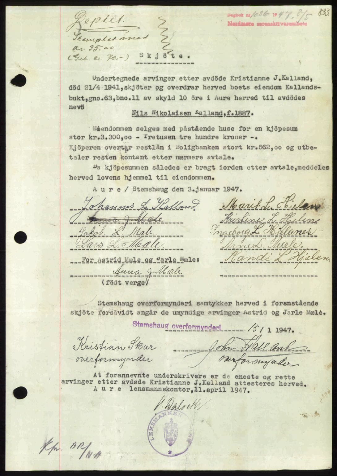 Nordmøre sorenskriveri, AV/SAT-A-4132/1/2/2Ca: Mortgage book no. A104, 1947-1947, Diary no: : 1036/1947