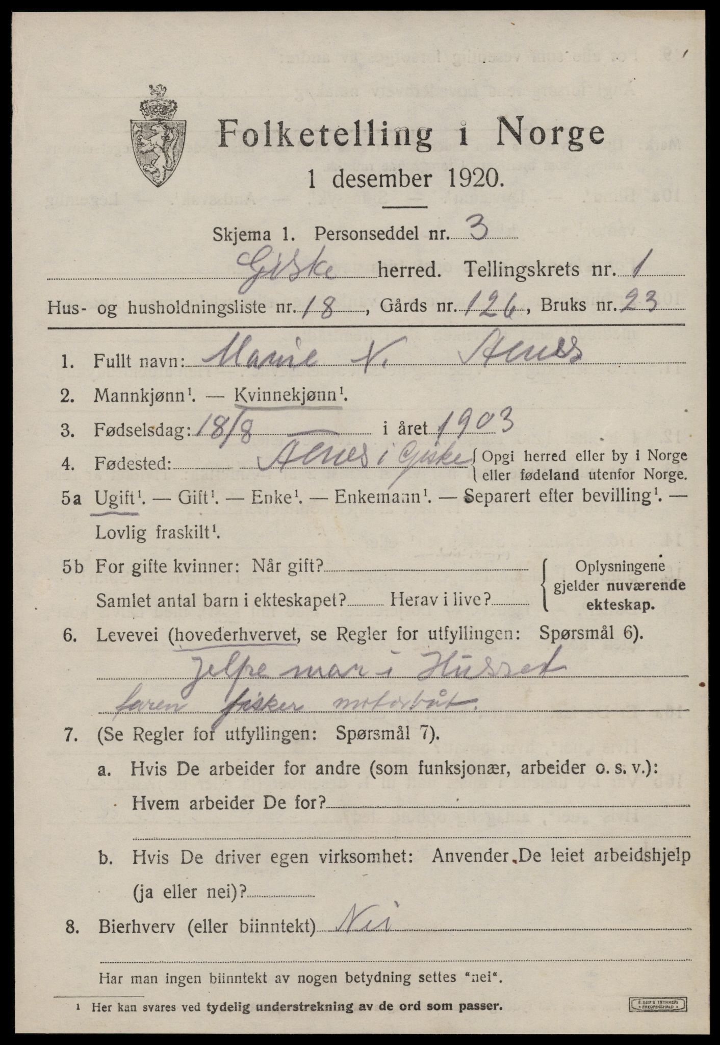SAT, 1920 census for Giske, 1920, p. 824