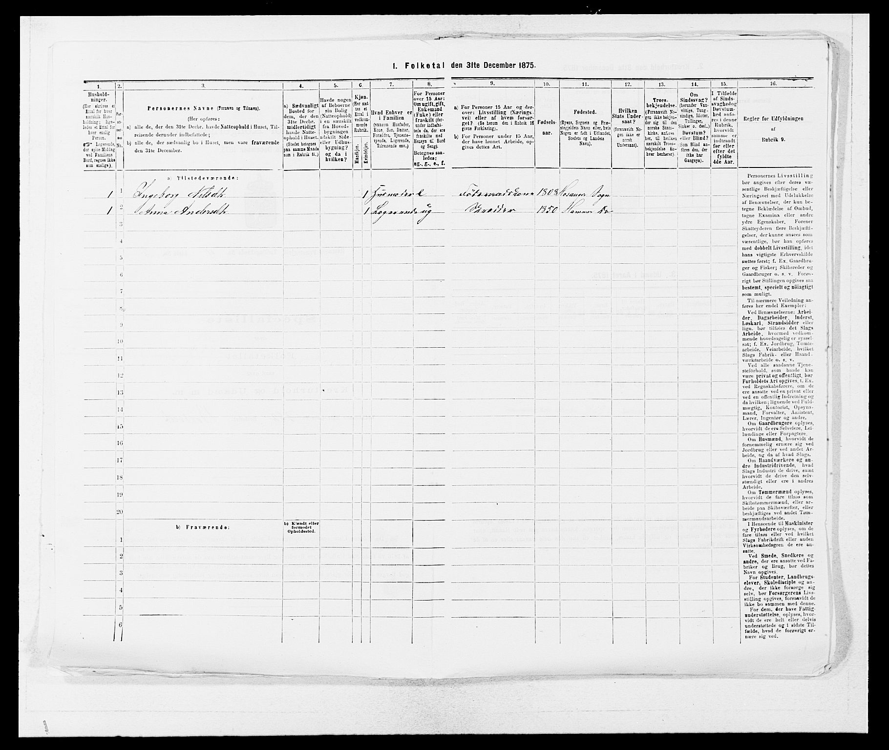 SAB, 1875 census for 1254P Hamre, 1875, p. 1160