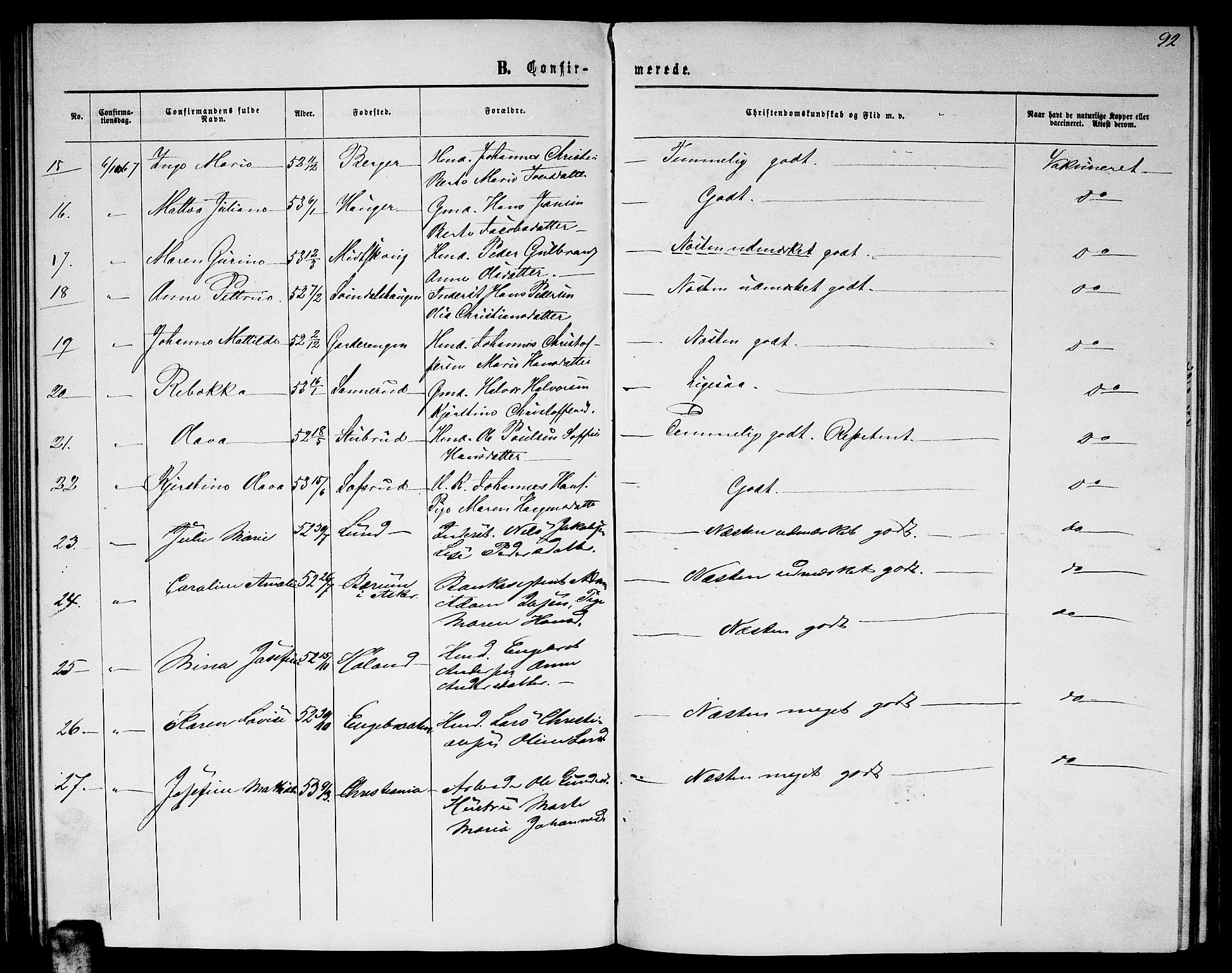 Fet prestekontor Kirkebøker, AV/SAO-A-10370a/G/Ga/L0003: Parish register (copy) no. I 3, 1860-1867, p. 92