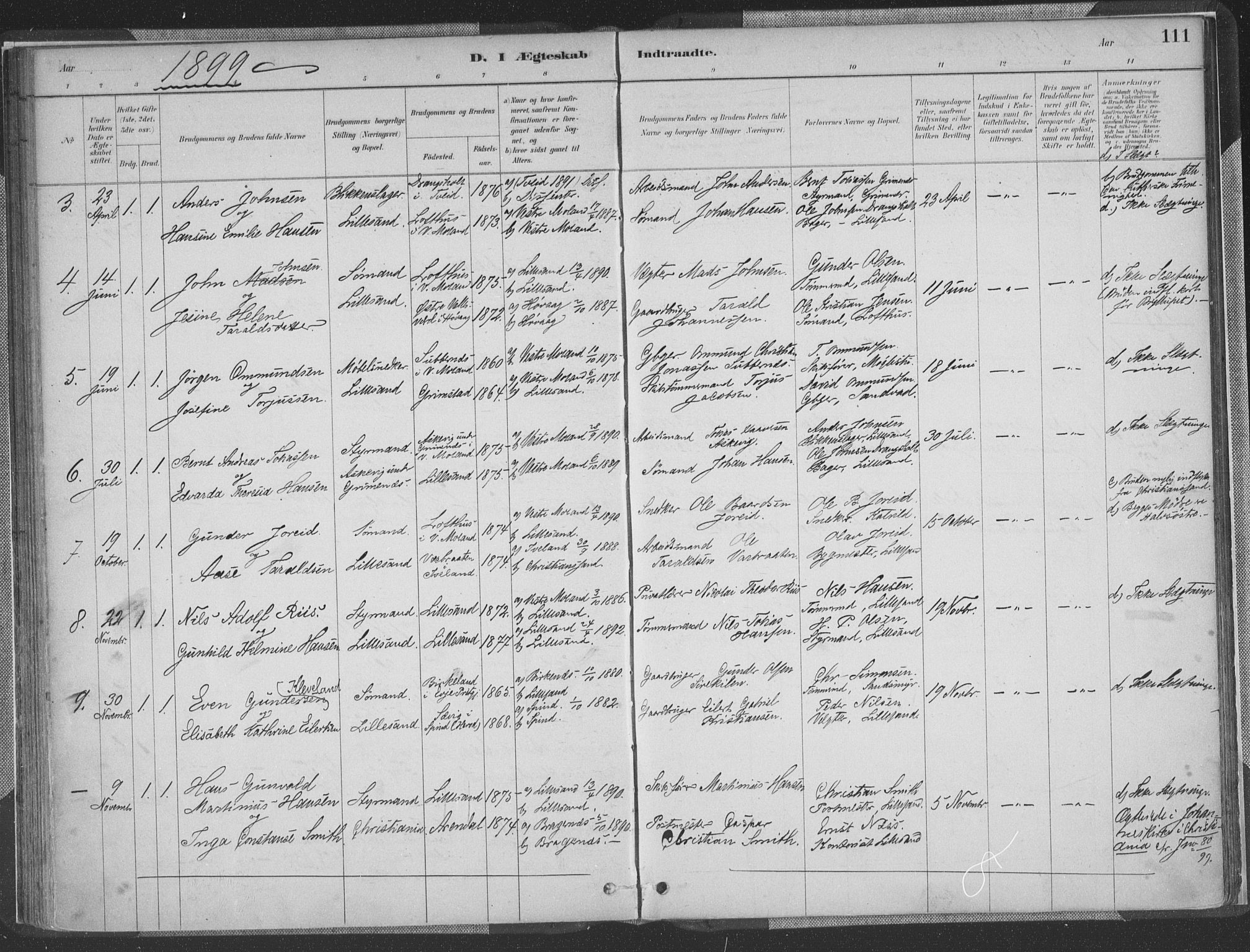 Vestre Moland sokneprestkontor, AV/SAK-1111-0046/F/Fa/Faa/L0001: Parish register (official) no. A 1, 1884-1899, p. 111