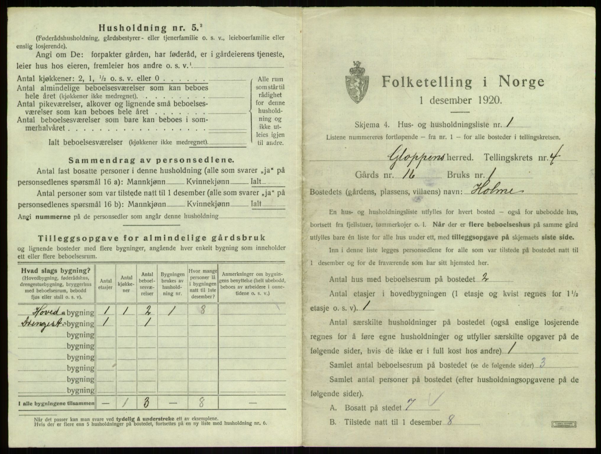 SAB, 1920 census for Gloppen, 1920, p. 318