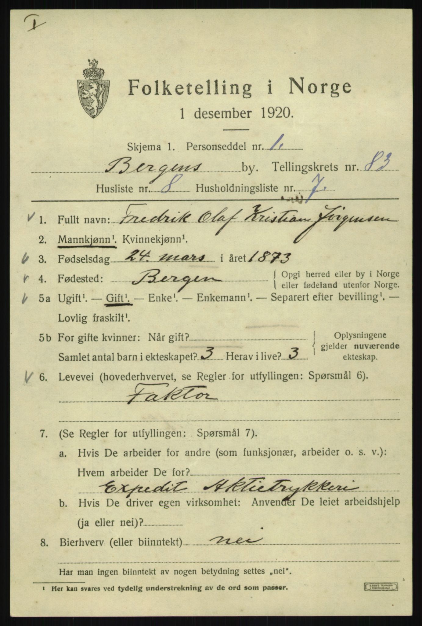 SAB, 1920 census for Bergen, 1920, p. 154580