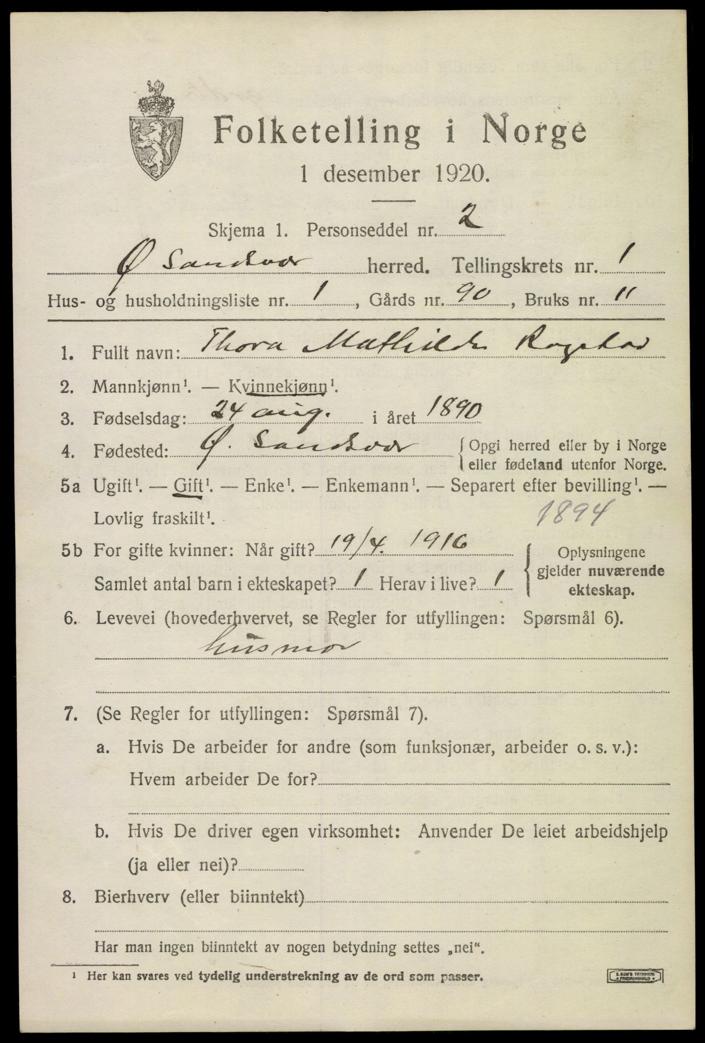 SAKO, 1920 census for Øvre Sandsvær, 1920, p. 914