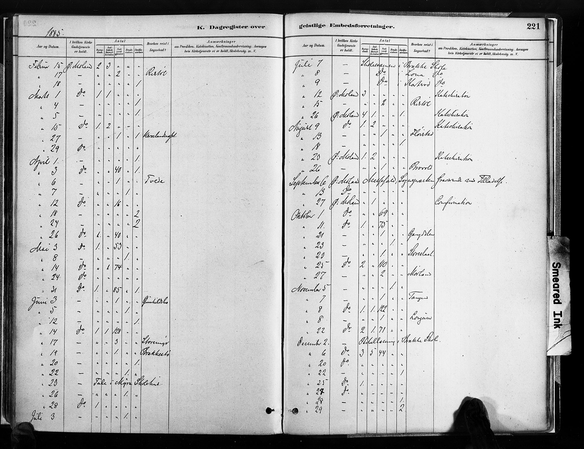 Austre Moland sokneprestkontor, SAK/1111-0001/F/Fa/Faa/L0010: Parish register (official) no. A 10, 1880-1904, p. 221