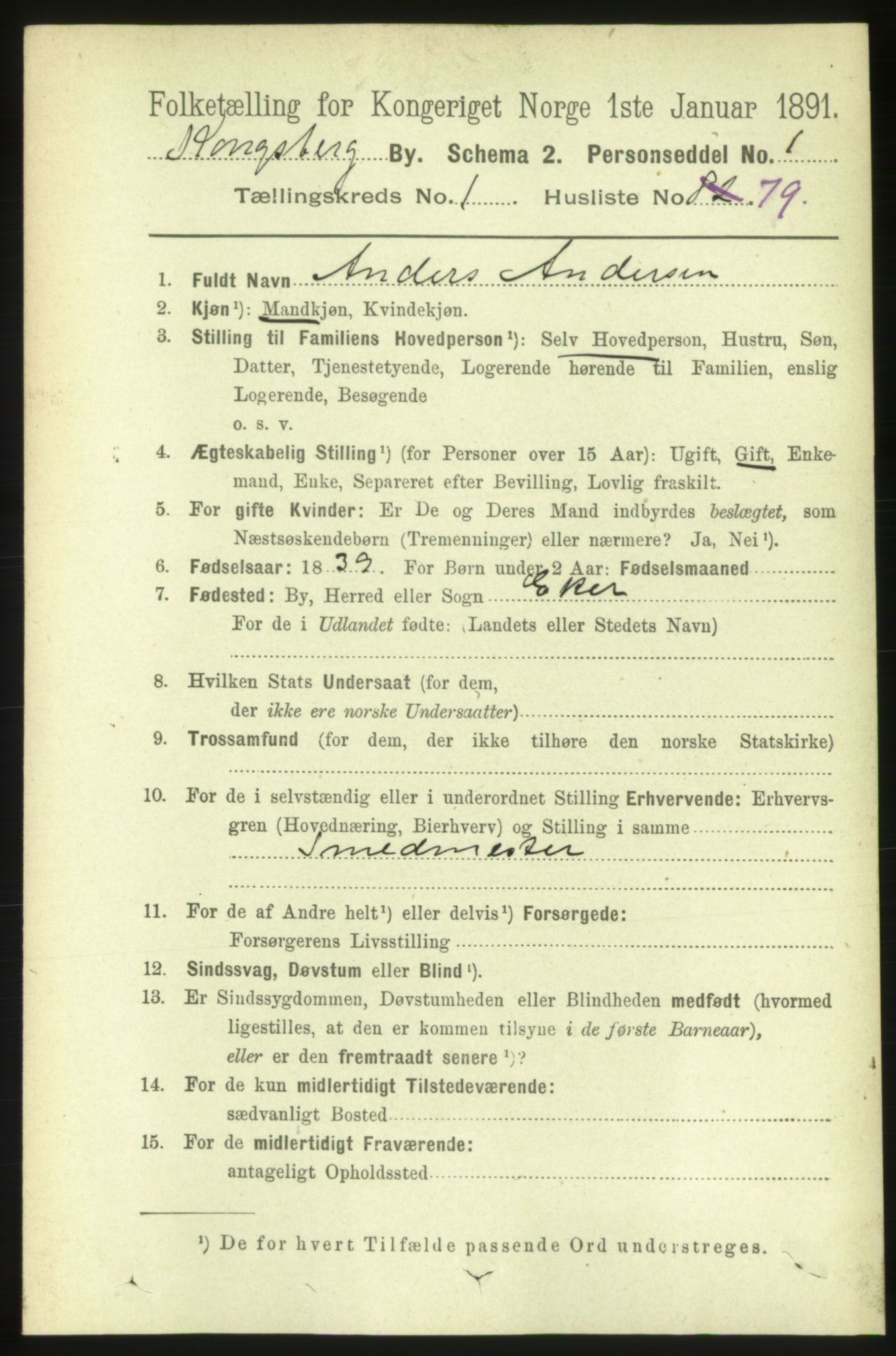 RA, 1891 census for 0604 Kongsberg, 1891, p. 2211