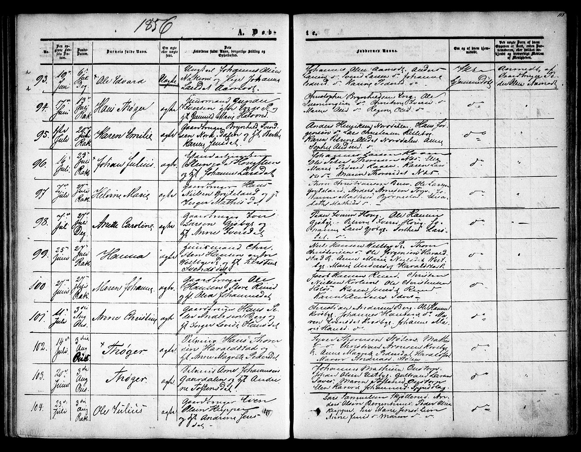Rakkestad prestekontor Kirkebøker, AV/SAO-A-2008/F/Fa/L0009: Parish register (official) no. I 9, 1850-1856, p. 115