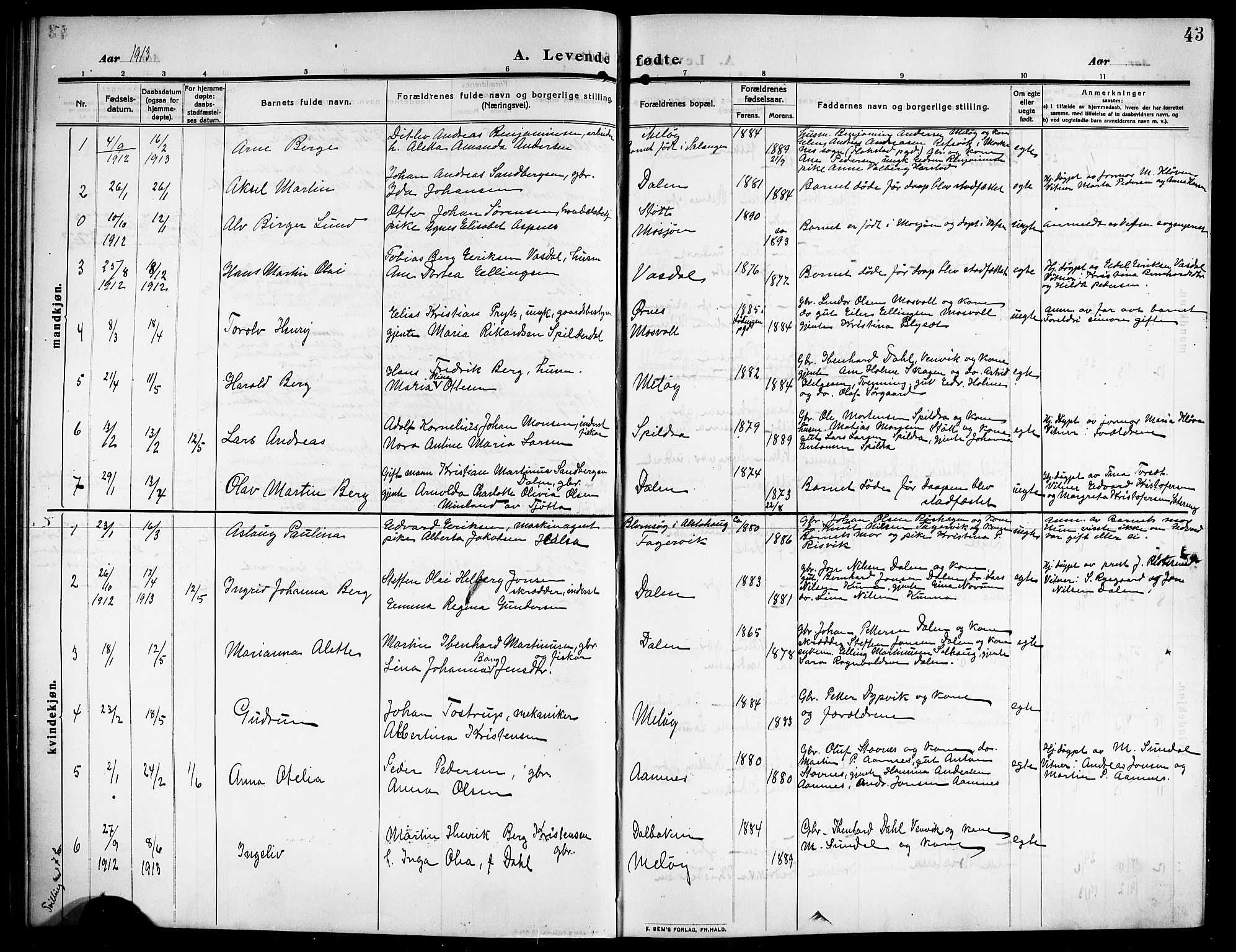 Ministerialprotokoller, klokkerbøker og fødselsregistre - Nordland, SAT/A-1459/843/L0639: Parish register (copy) no. 843C08, 1908-1924, p. 43