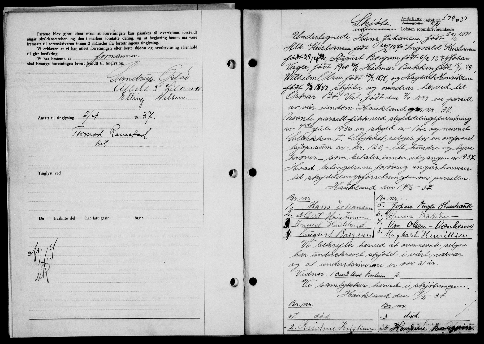 Lofoten sorenskriveri, SAT/A-0017/1/2/2C/L0002a: Mortgage book no. 2a, 1937-1937, Diary no: : 579/1937