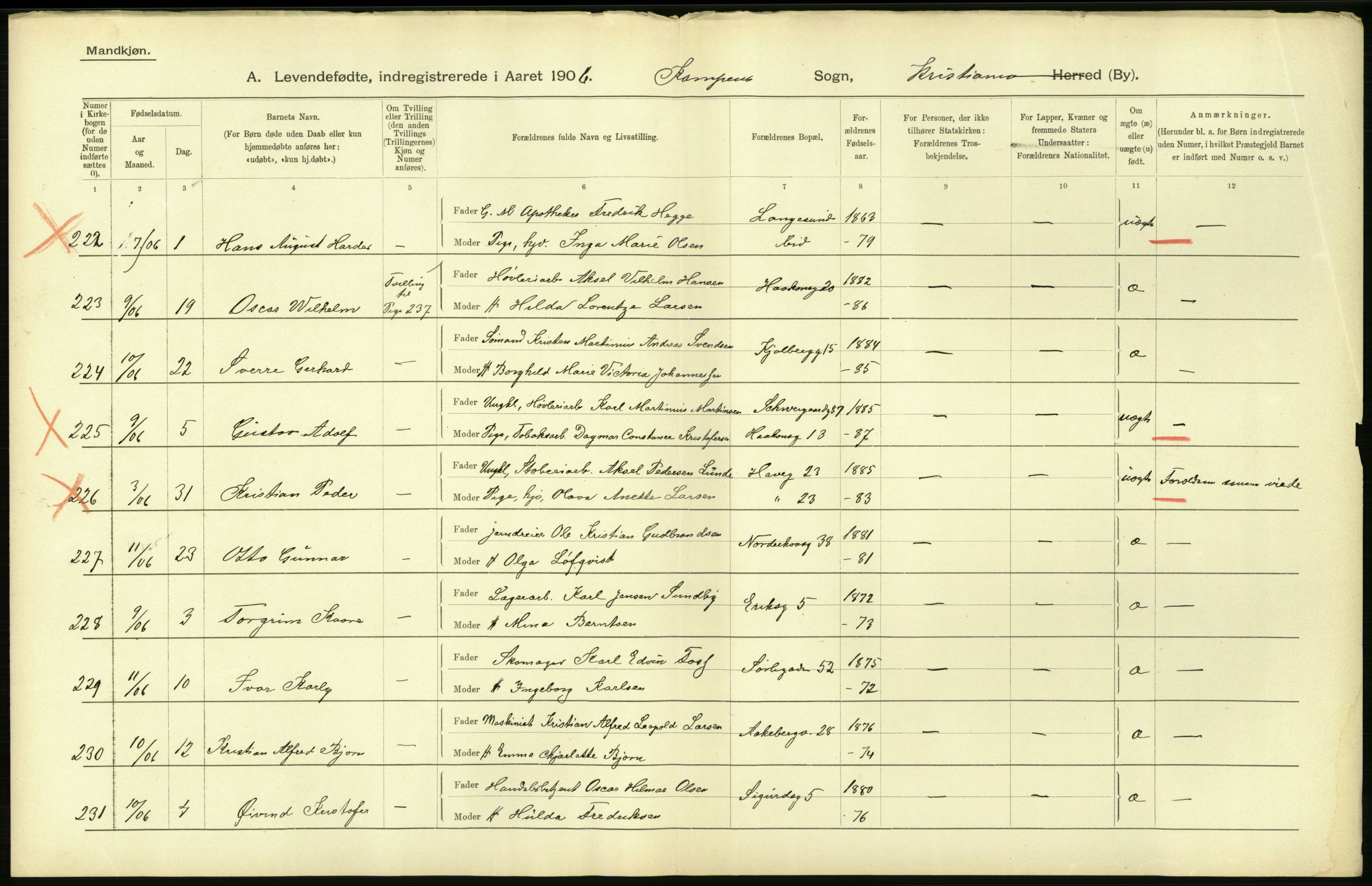 Statistisk sentralbyrå, Sosiodemografiske emner, Befolkning, AV/RA-S-2228/D/Df/Dfa/Dfad/L0007: Kristiania: Levendefødte menn og kvinner., 1906, p. 742