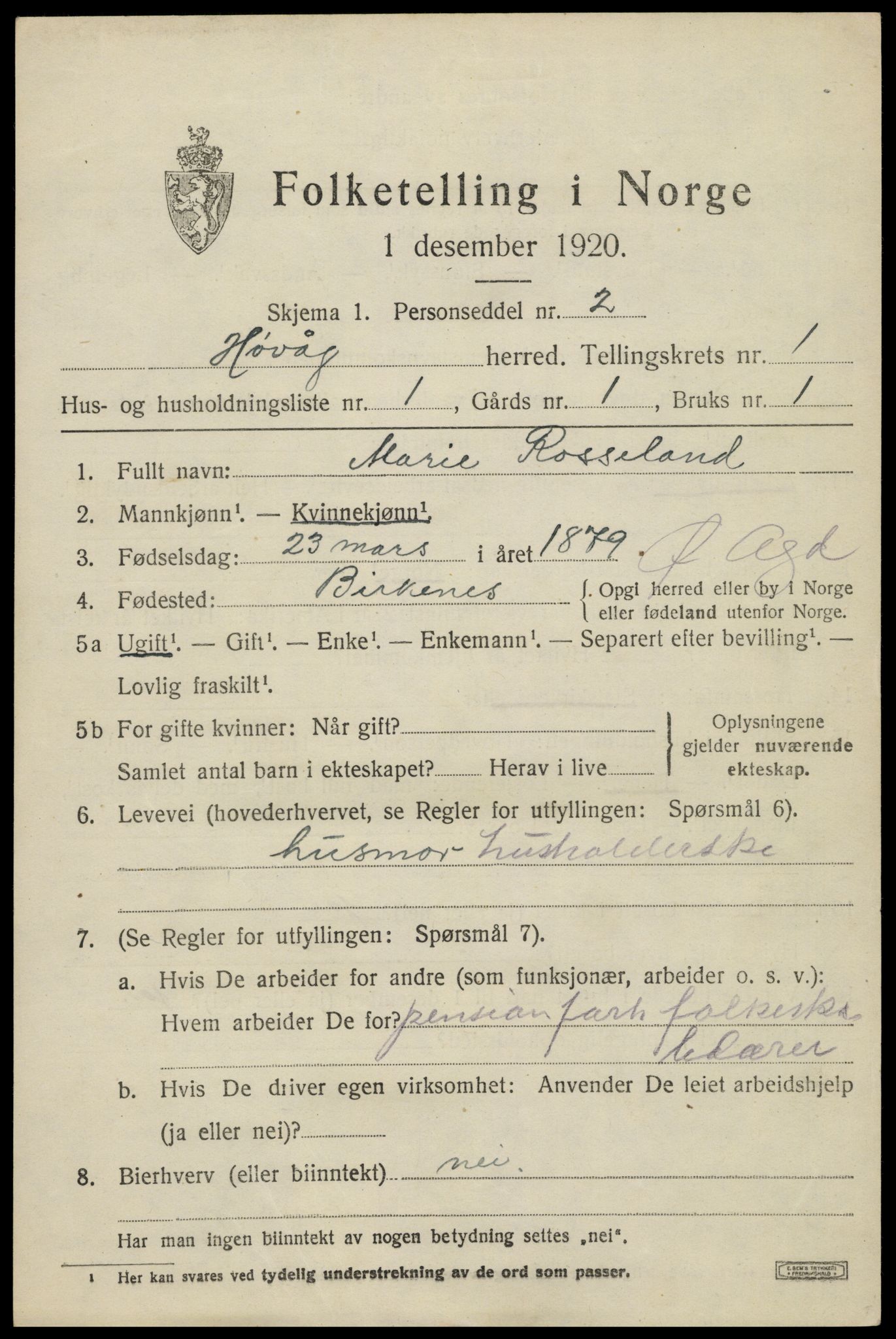 SAK, 1920 census for Høvåg, 1920, p. 882