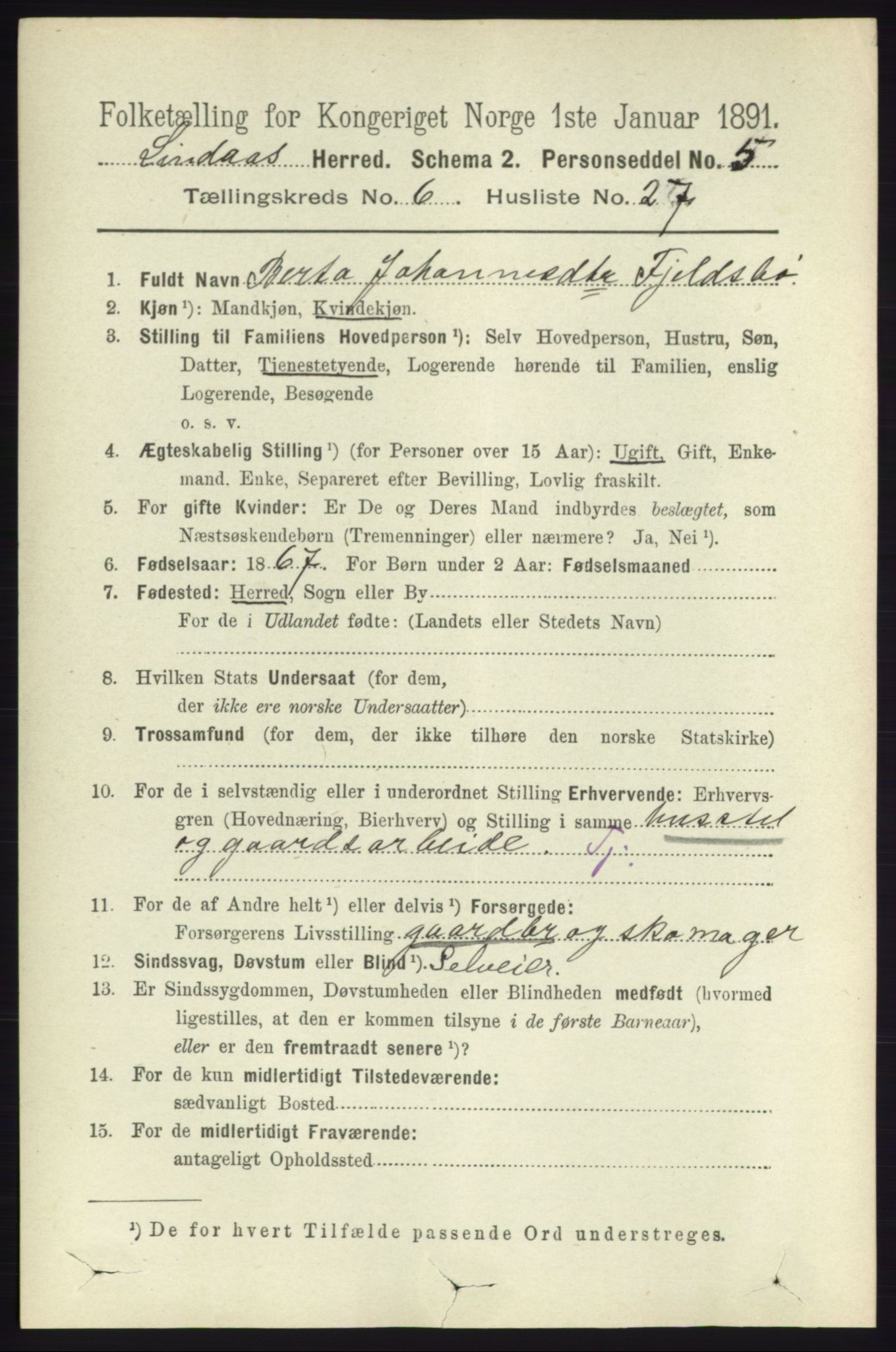 RA, 1891 census for 1263 Lindås, 1891, p. 2029