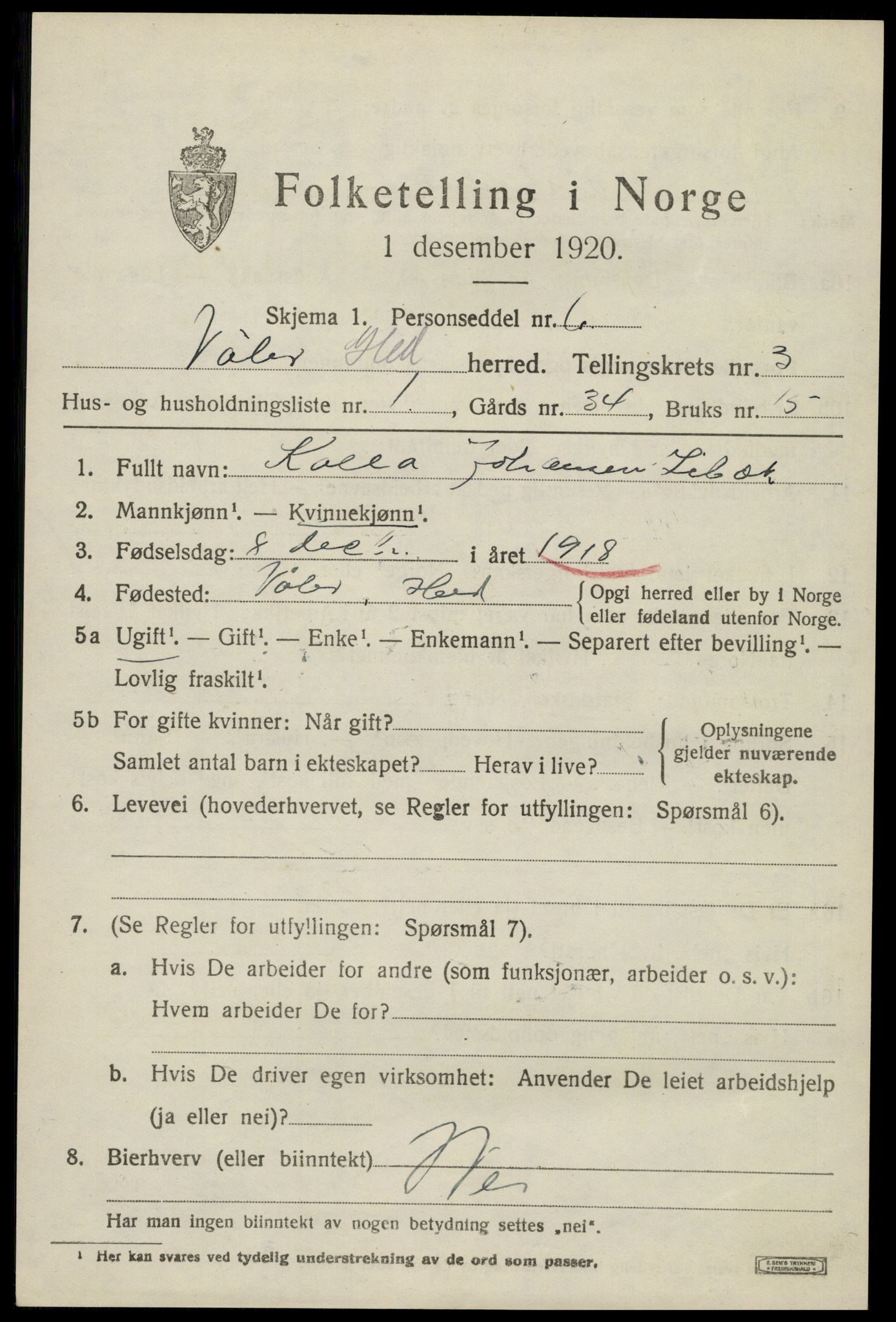 SAH, 1920 census for Våler (Hedmark), 1920, p. 3375