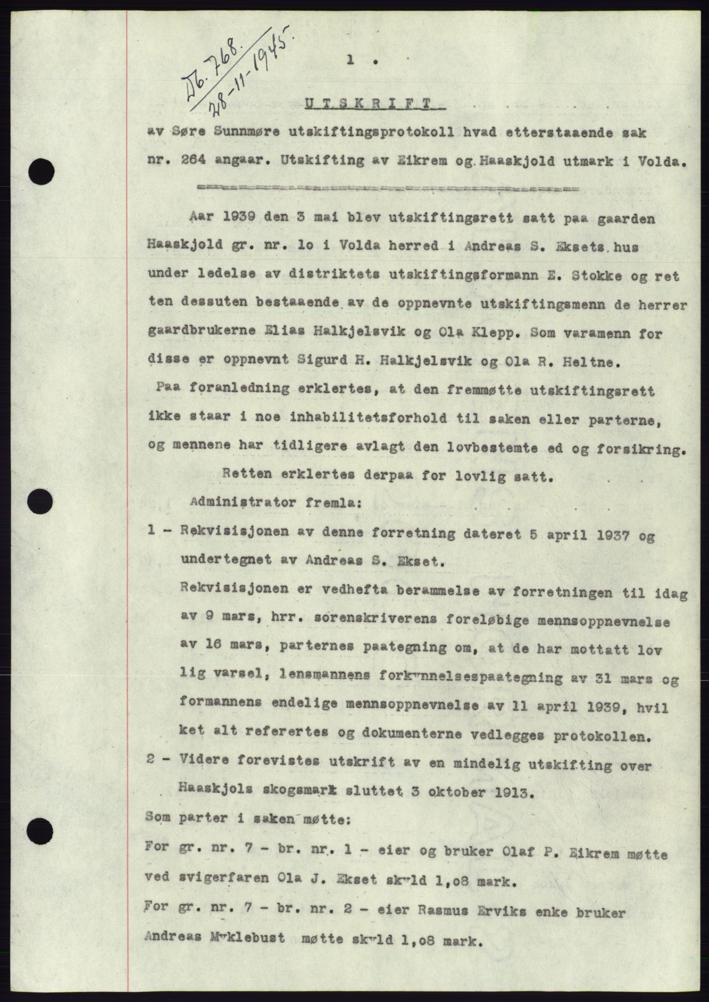 Søre Sunnmøre sorenskriveri, AV/SAT-A-4122/1/2/2C/L0077: Mortgage book no. 3A, 1945-1946, Diary no: : 768/1945