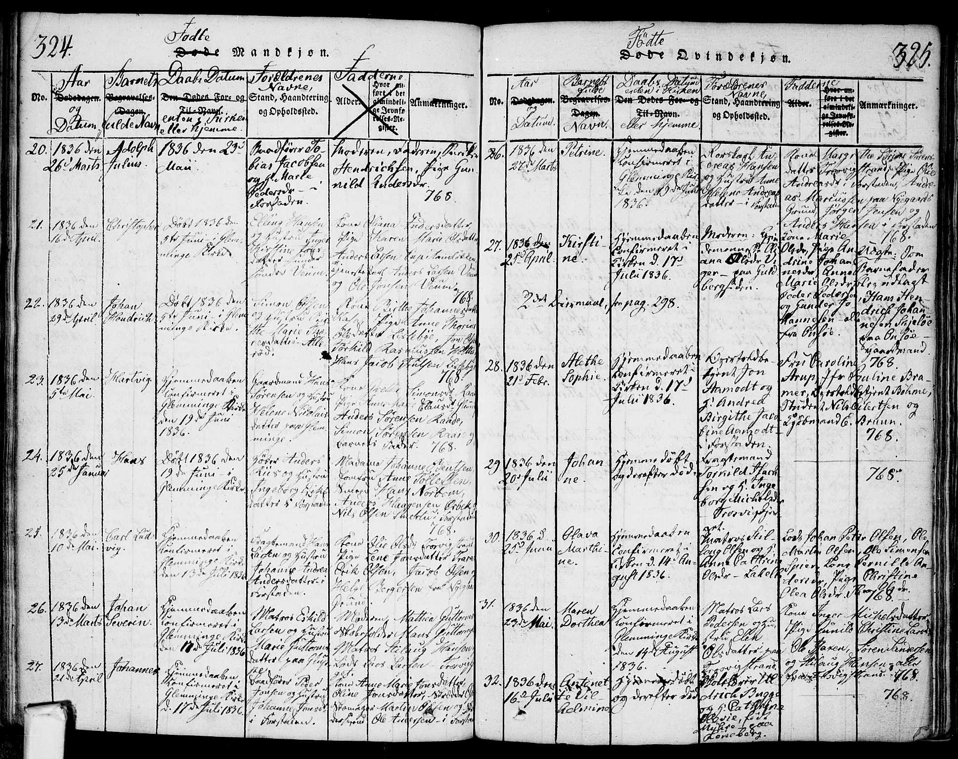 Glemmen prestekontor Kirkebøker, AV/SAO-A-10908/F/Fa/L0004: Parish register (official) no. 4, 1816-1838, p. 324-325