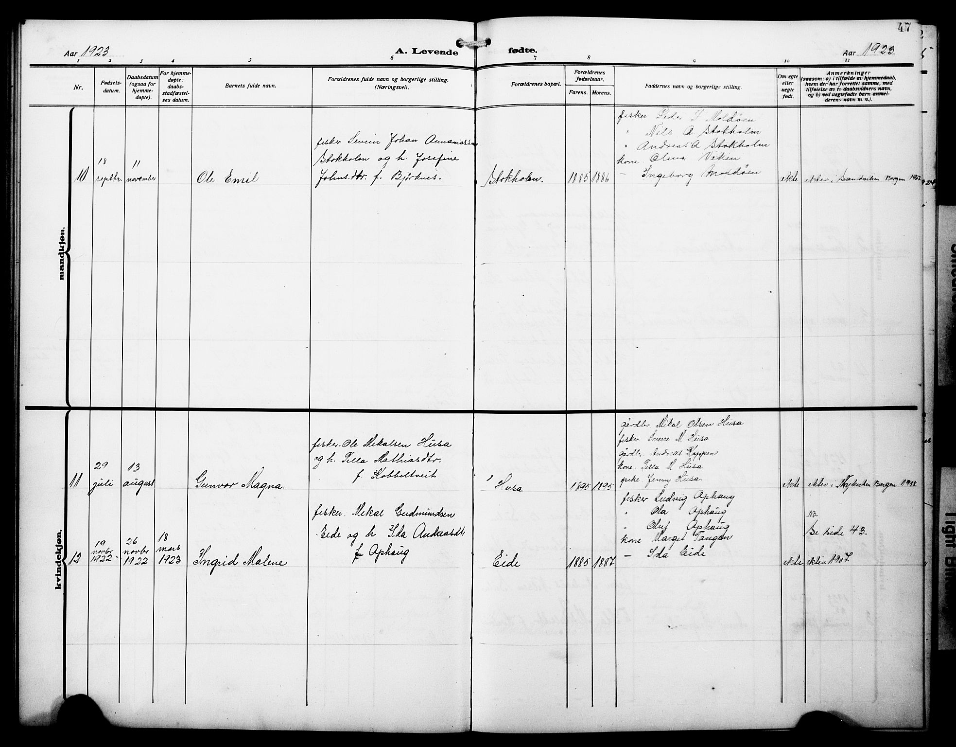 Lindås Sokneprestembete, SAB/A-76701/H/Hab: Parish register (copy) no. D 4, 1913-1928, p. 47