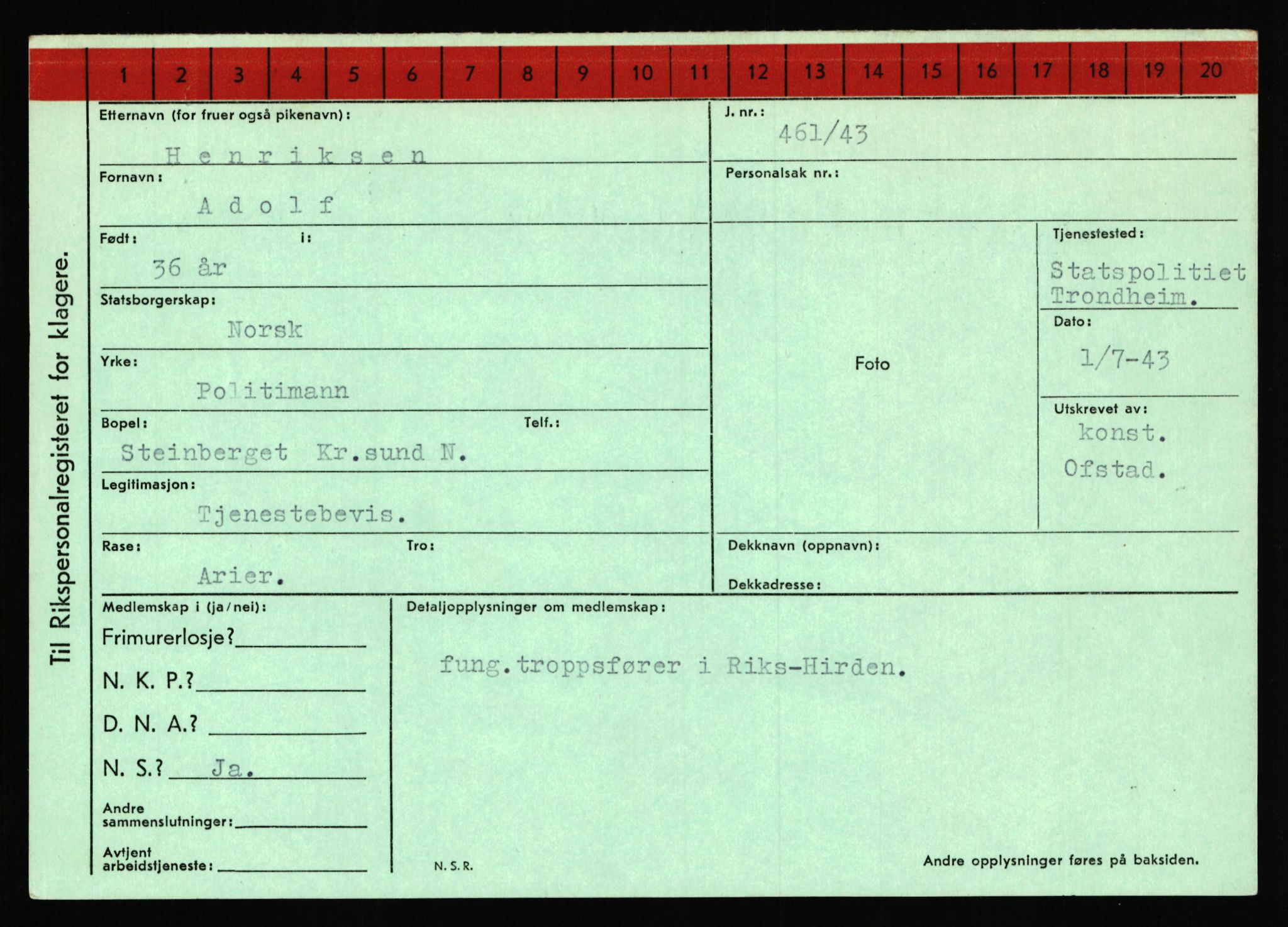 Statspolitiet - Hovedkontoret / Osloavdelingen, AV/RA-S-1329/C/Ca/L0006: Hanche - Hokstvedt, 1943-1945, p. 3611