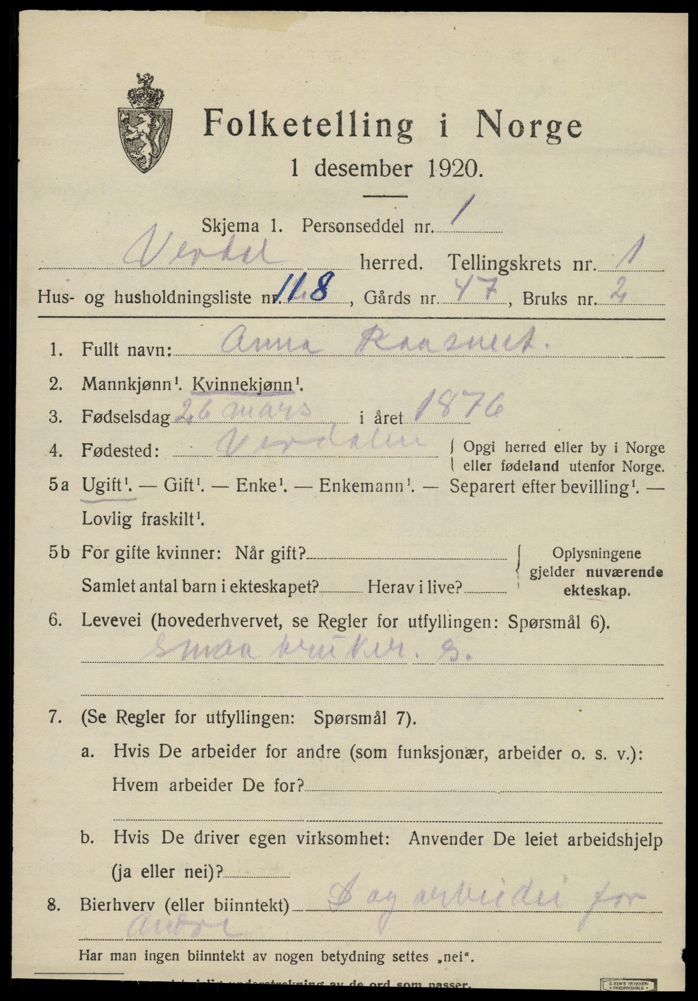 SAT, 1920 census for Verdal, 1920, p. 3727