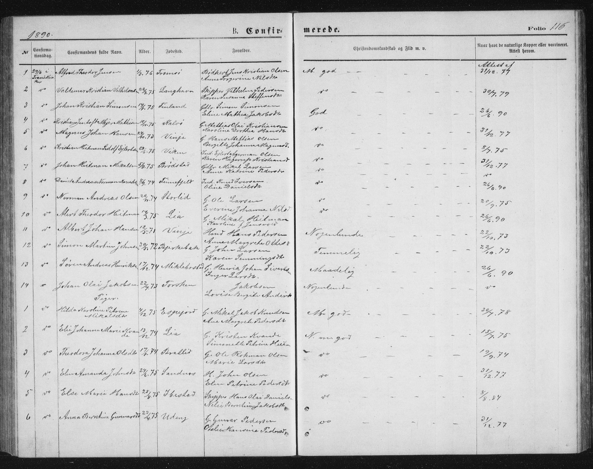 Tranøy sokneprestkontor, AV/SATØ-S-1313/I/Ia/Iab/L0013klokker: Parish register (copy) no. 13, 1874-1896, p. 116