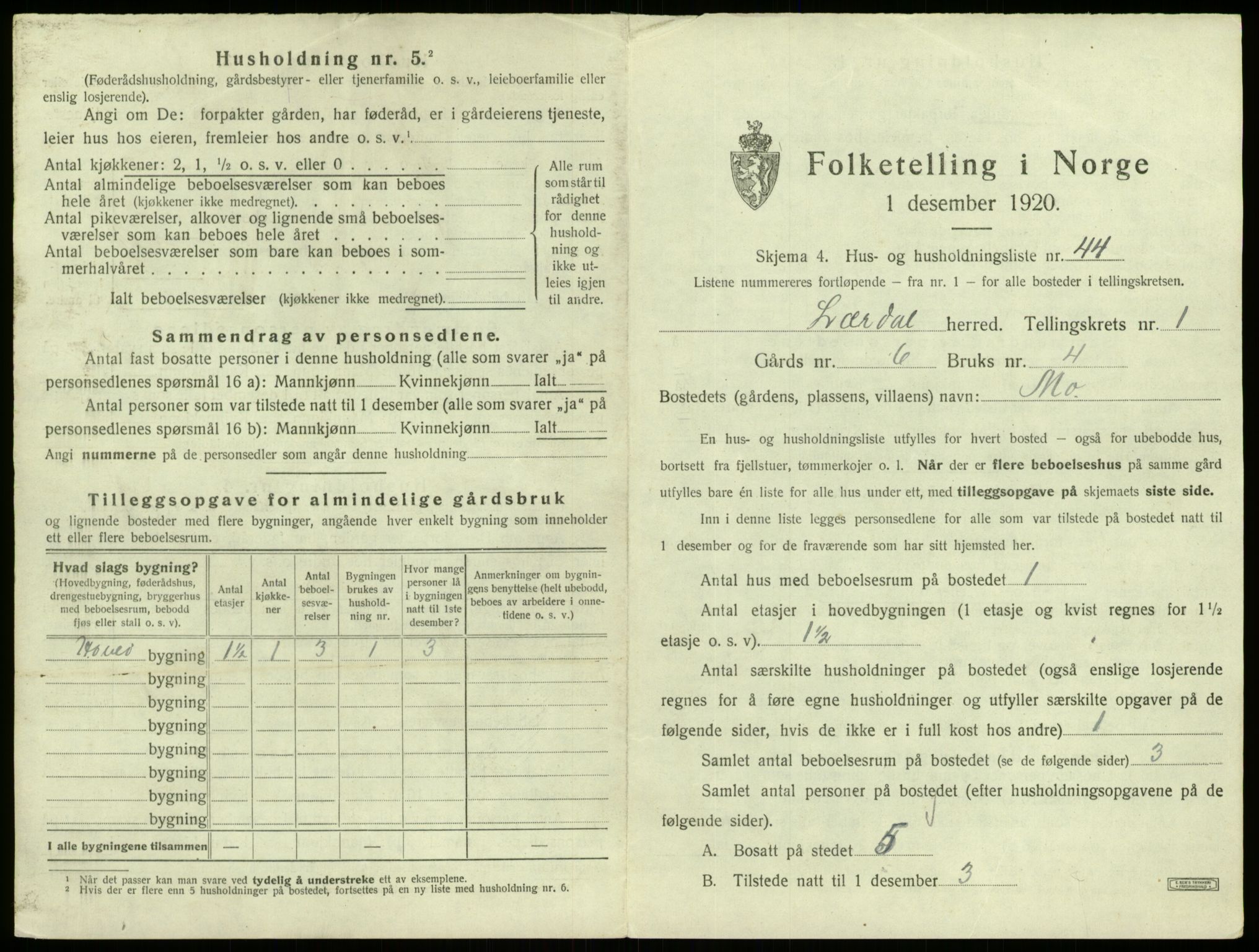 SAB, 1920 census for Lærdal, 1920, p. 123