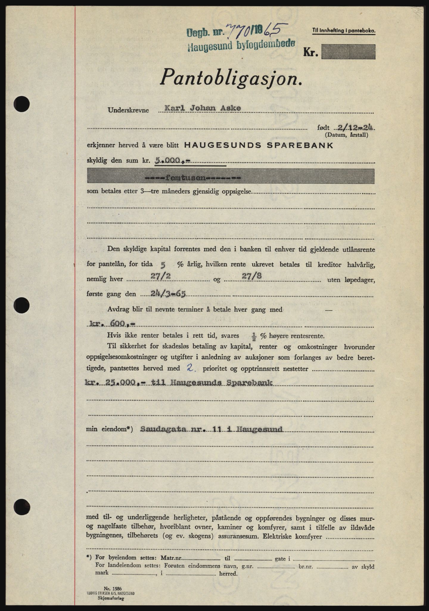 Haugesund tingrett, SAST/A-101415/01/II/IIC/L0053: Mortgage book no. B 53, 1965-1965, Diary no: : 770/1965