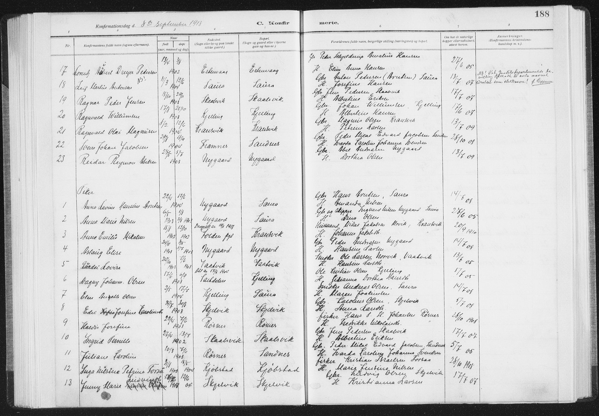 Ministerialprotokoller, klokkerbøker og fødselsregistre - Nordland, SAT/A-1459/805/L0104: Parish register (official) no. 805A09, 1909-1926, p. 188