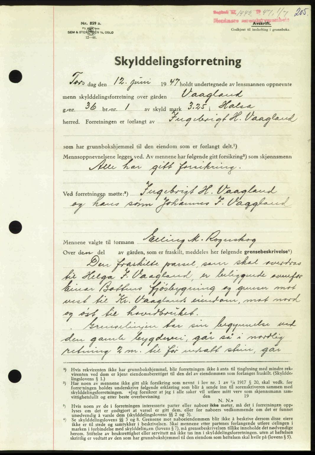 Nordmøre sorenskriveri, AV/SAT-A-4132/1/2/2Ca: Mortgage book no. A105, 1947-1947, Diary no: : 1442/1947