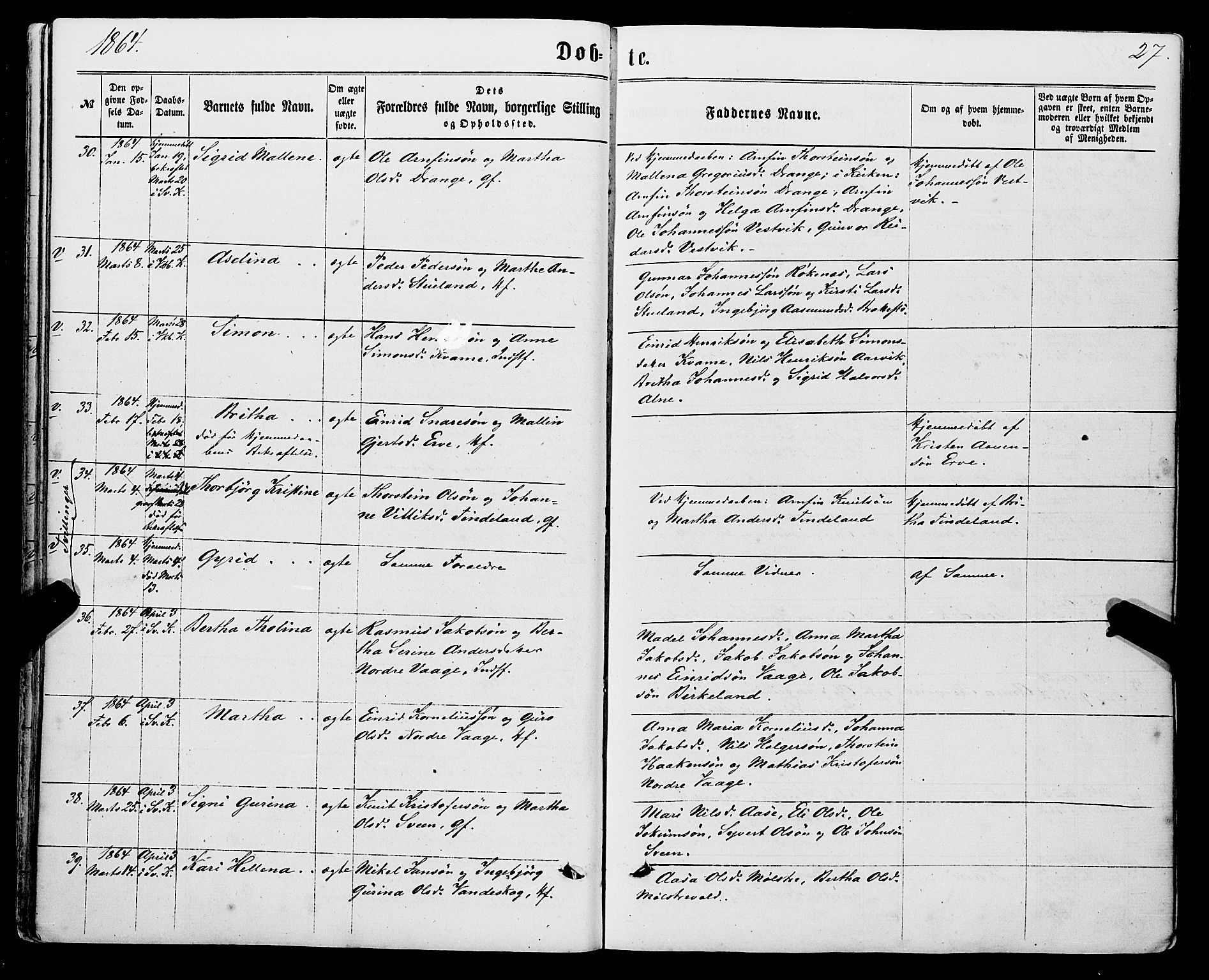 Sveio Sokneprestembete, AV/SAB-A-78501/H/Haa: Parish register (official) no. A 1, 1861-1877, p. 27