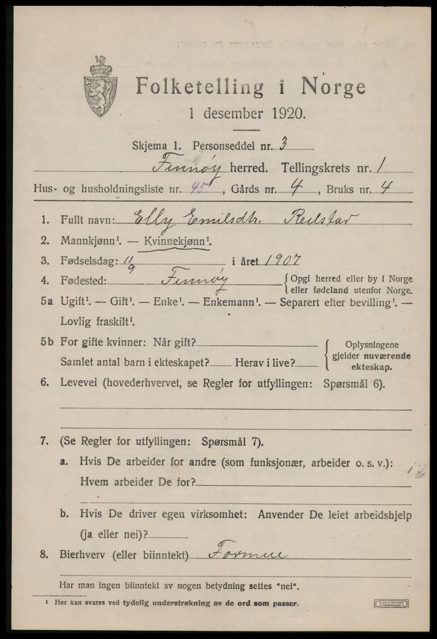 SAST, 1920 census for Finnøy, 1920, p. 982