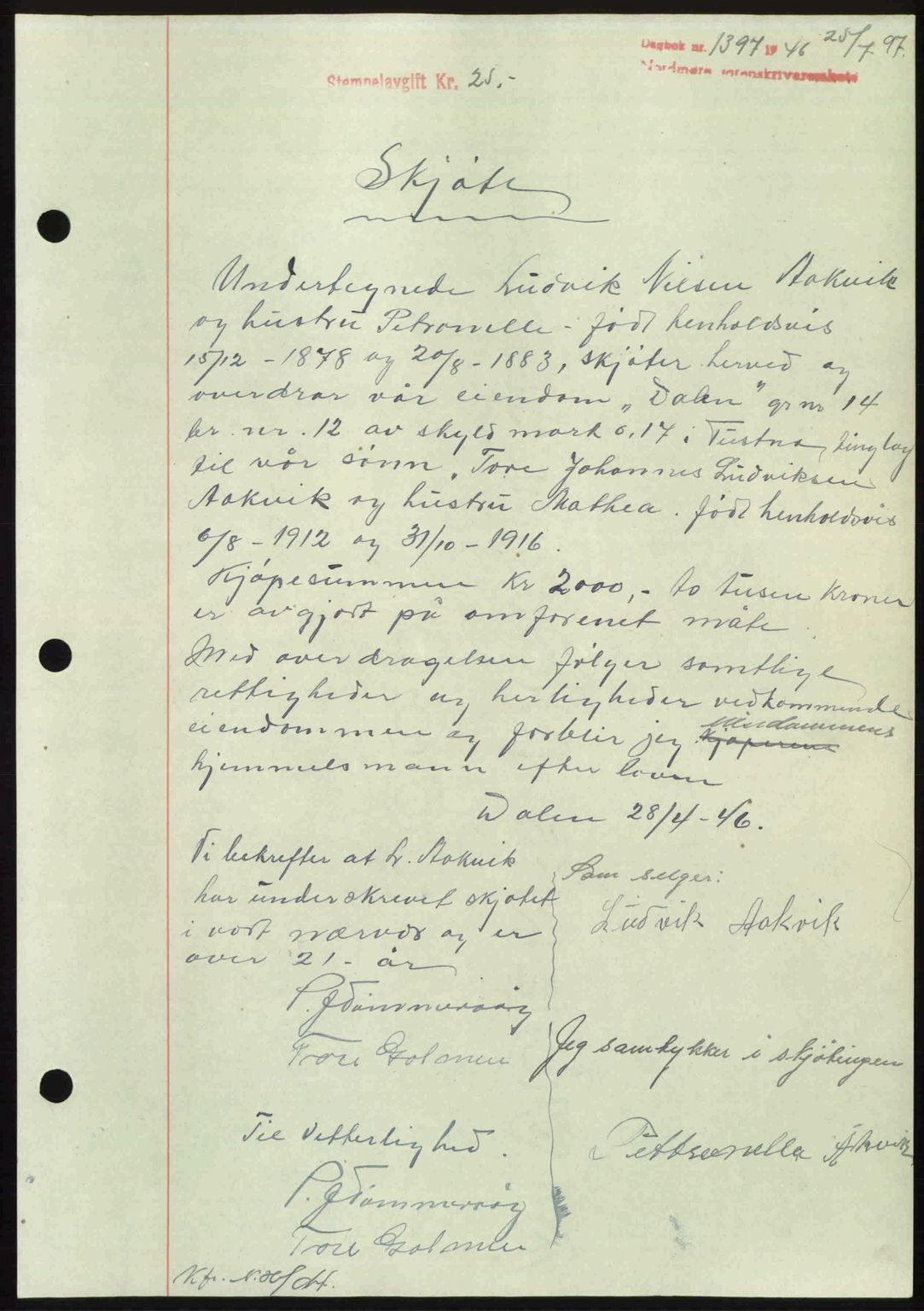 Nordmøre sorenskriveri, AV/SAT-A-4132/1/2/2Ca: Mortgage book no. A102, 1946-1946, Diary no: : 1397/1946