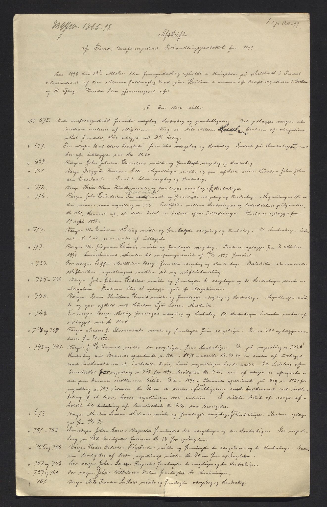 Finnaas kommune. Overformynderiet, IKAH/1218a-812/R/Ra/Raa/L0006/0007: Årlege rekneskap m/vedlegg / Årlege rekneskap m/vedlegg, 1898