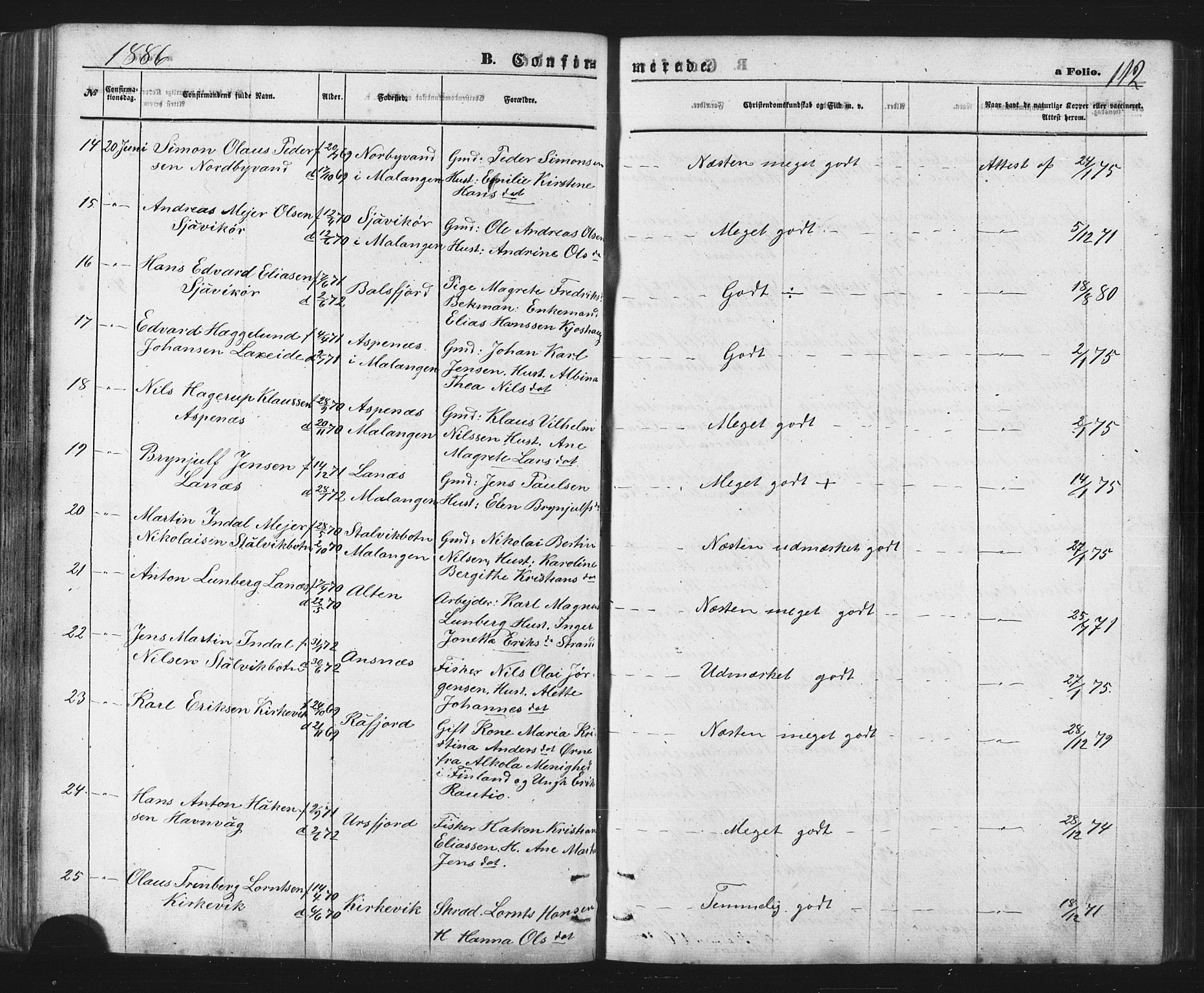Balsfjord sokneprestembete, SATØ/S-1303/G/Ga/L0002klokker: Parish register (copy) no. 2, 1870-1886, p. 112