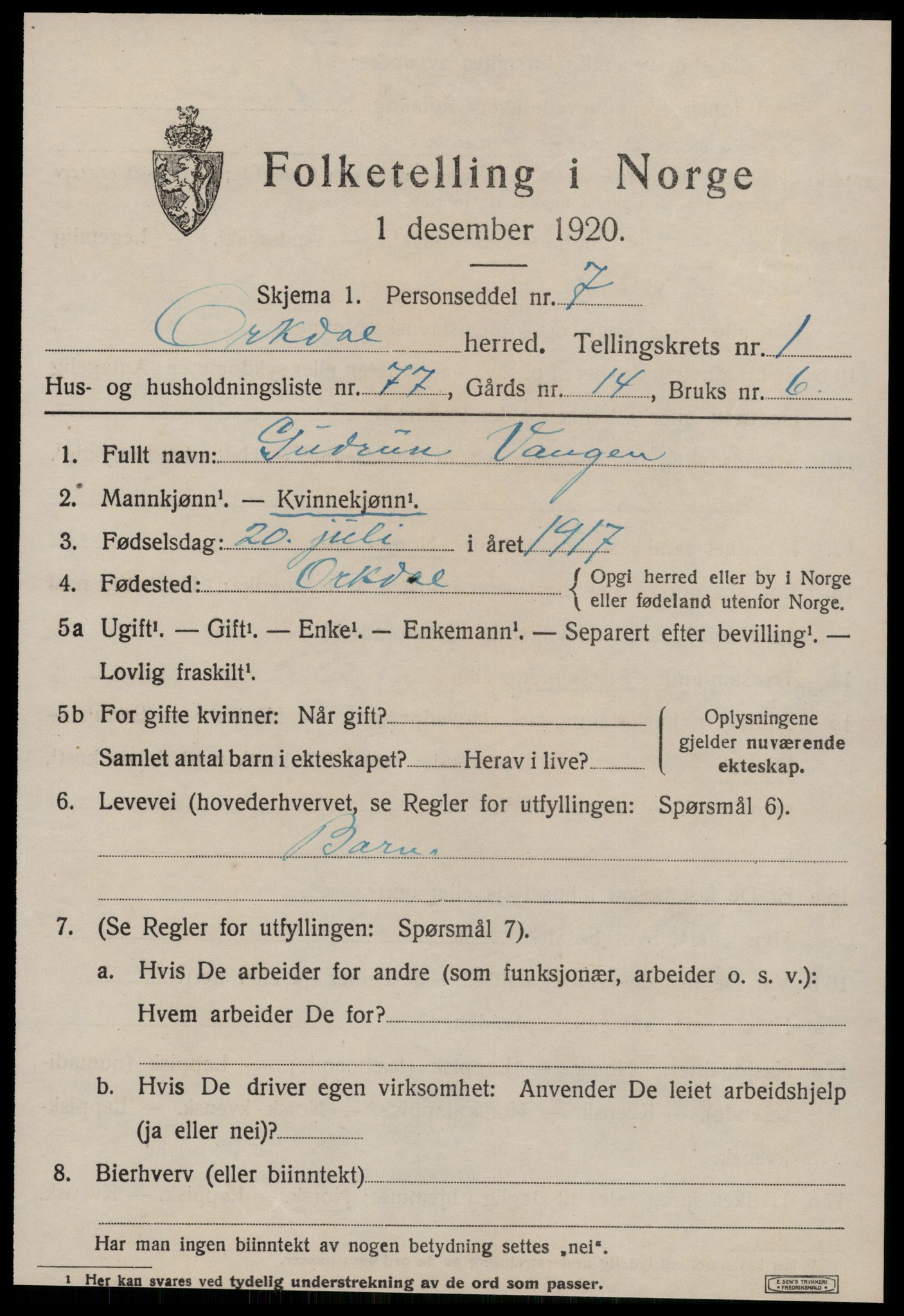 SAT, 1920 census for Orkdal, 1920, p. 2058