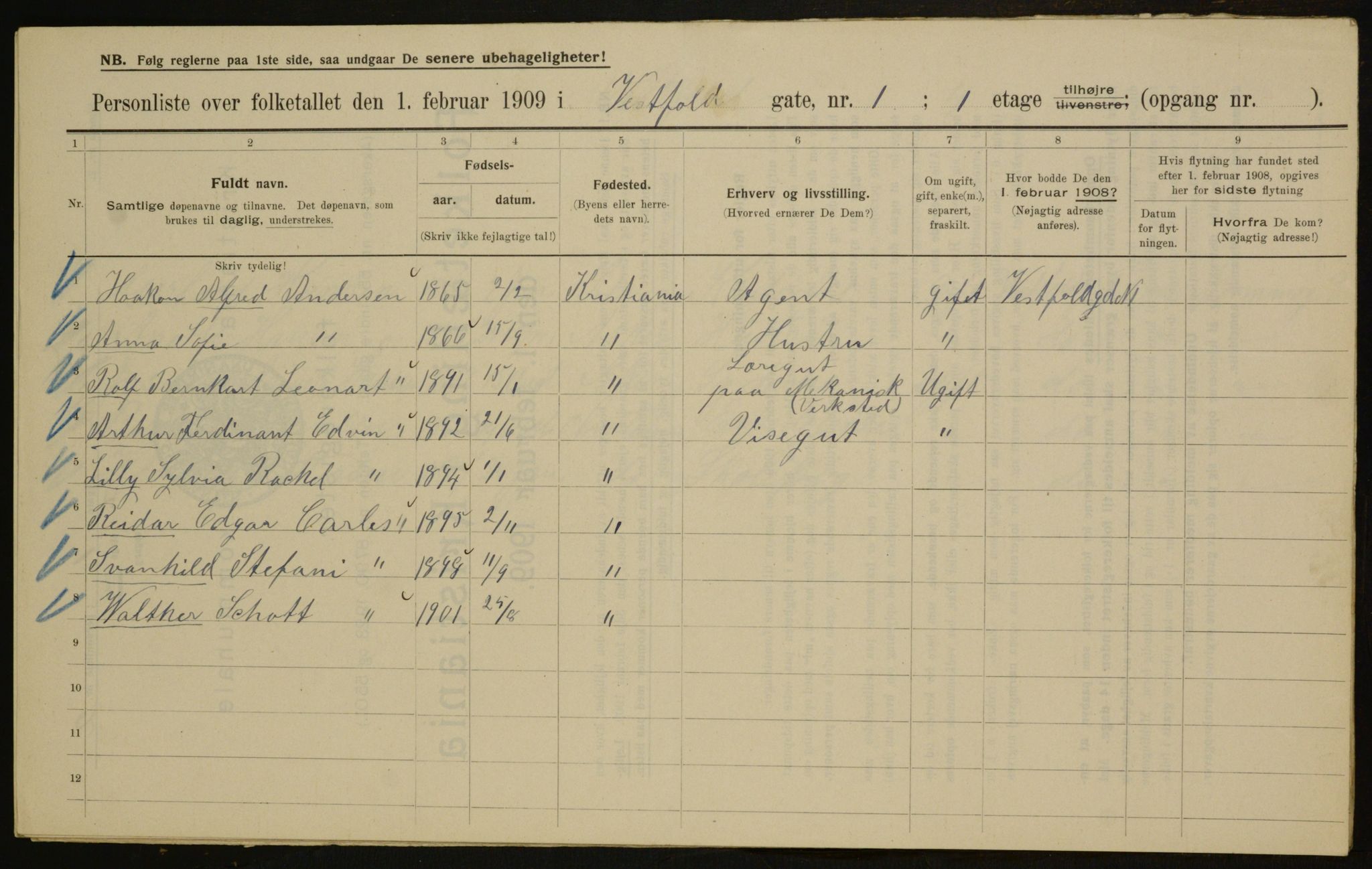 OBA, Municipal Census 1909 for Kristiania, 1909, p. 111007