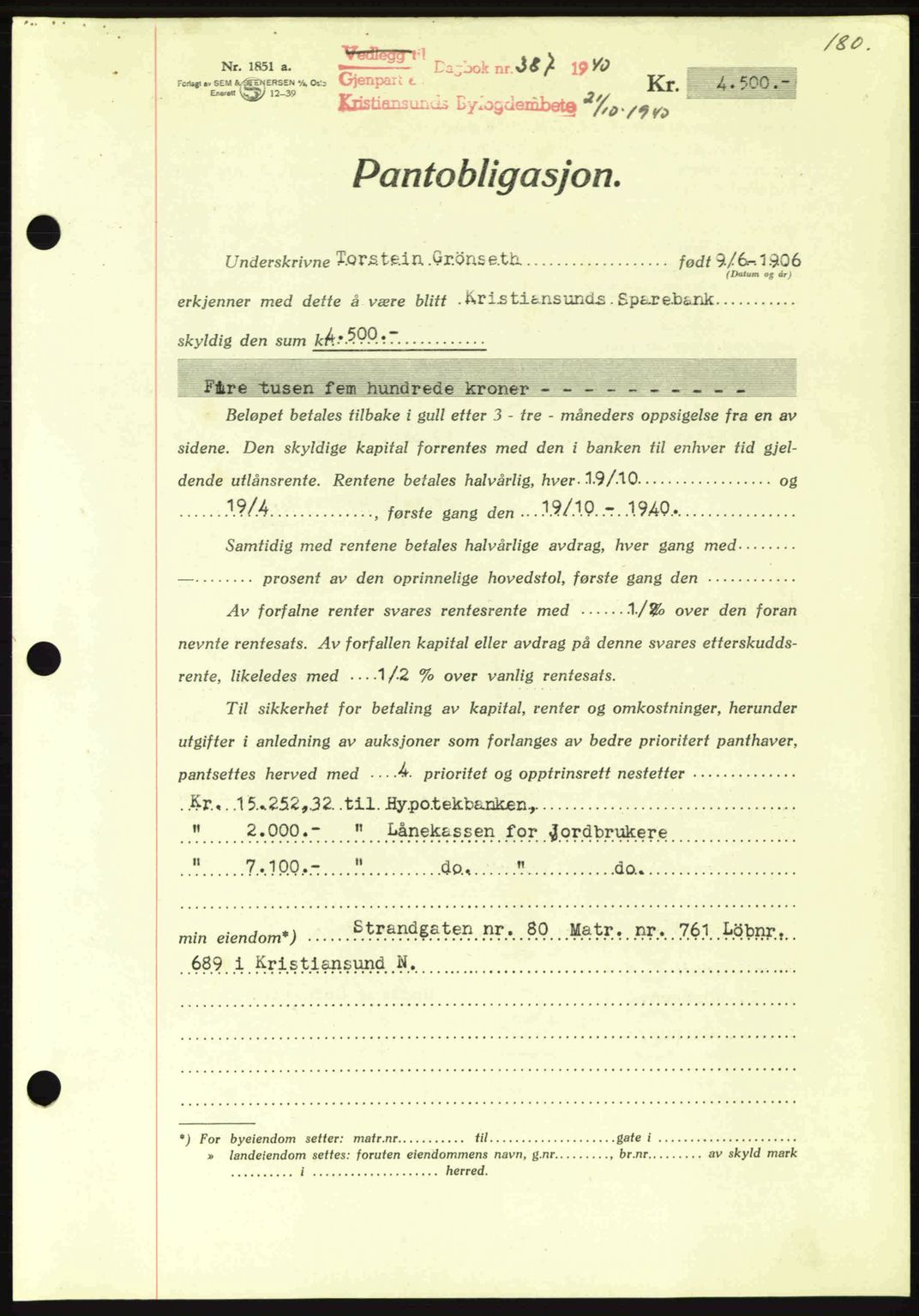 Kristiansund byfogd, AV/SAT-A-4587/A/27: Mortgage book no. 33, 1939-1941, Diary no: : 387/1940