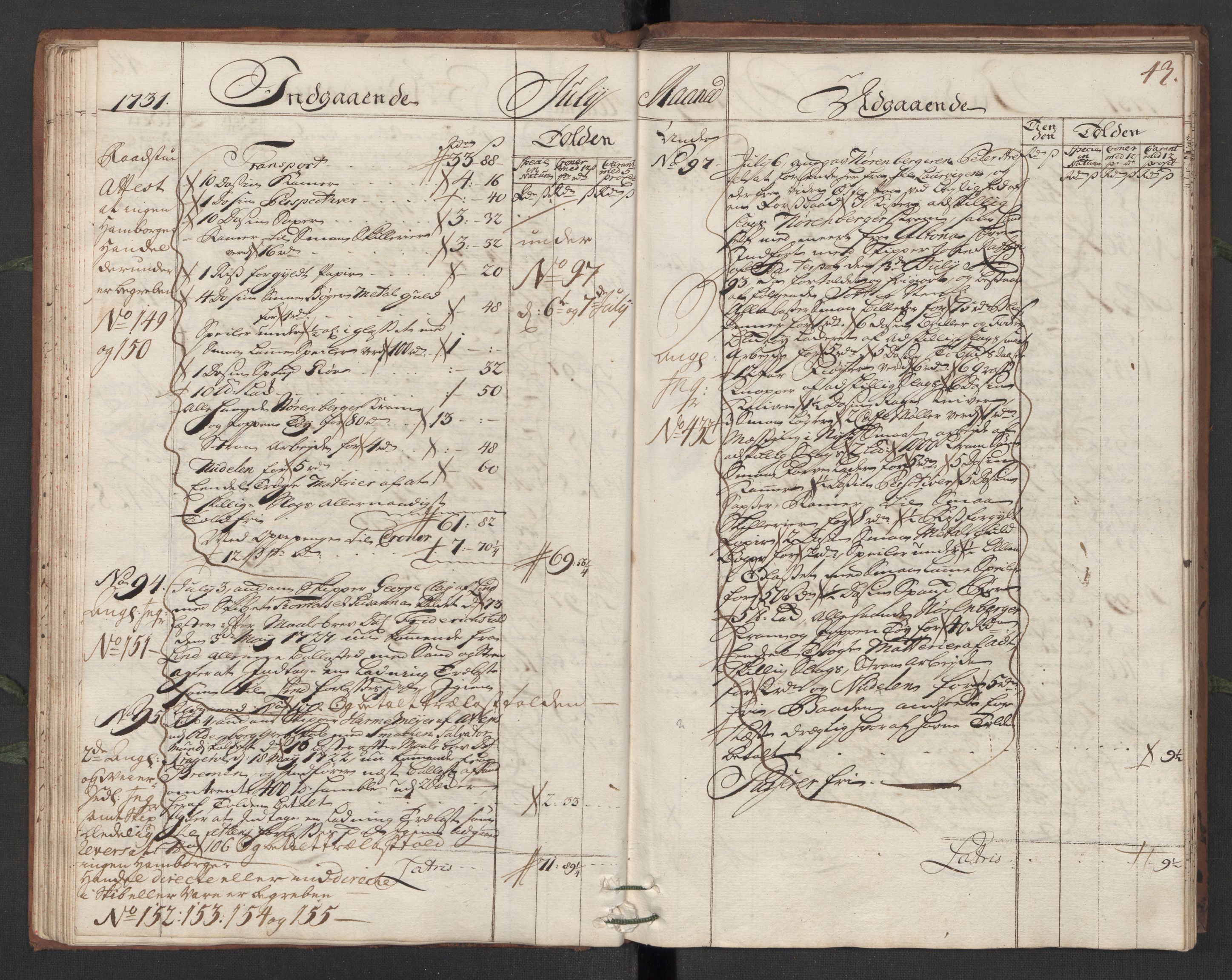 Generaltollkammeret, tollregnskaper, AV/RA-EA-5490/R13/L0006/0001: Tollregnskaper Kragerø / Hovedtollbok, 1731, p. 42b-43a