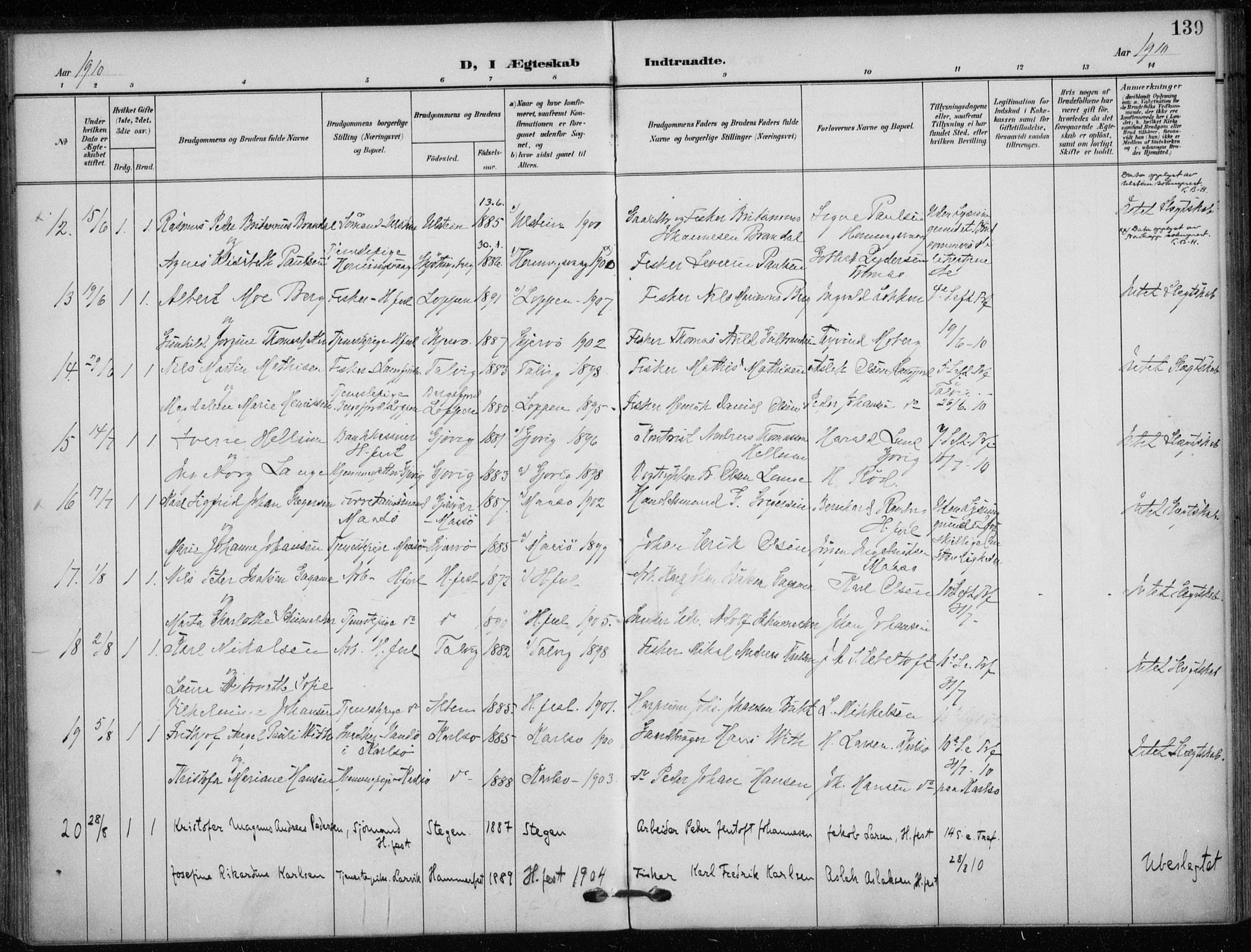 Hammerfest sokneprestkontor, AV/SATØ-S-1347/H/Ha/L0014.kirke: Parish register (official) no. 14, 1906-1916, p. 139