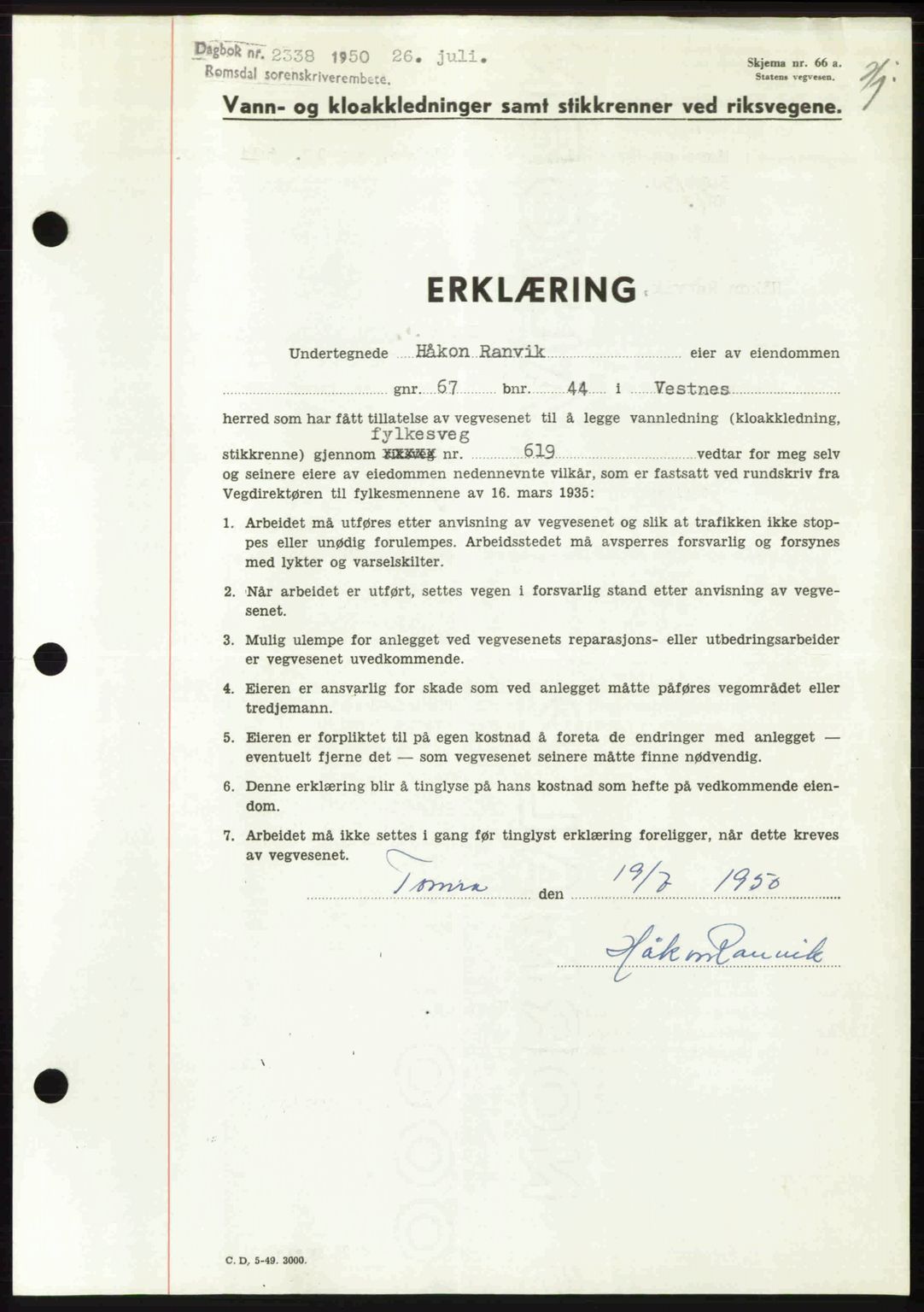 Romsdal sorenskriveri, AV/SAT-A-4149/1/2/2C: Mortgage book no. A34, 1950-1950, Diary no: : 2338/1950