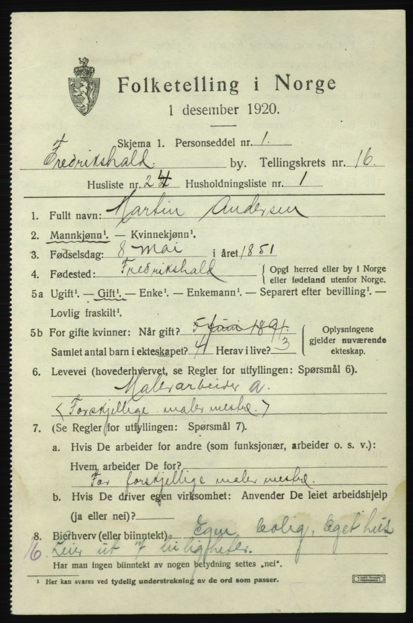 SAO, 1920 census for Fredrikshald, 1920, p. 25633